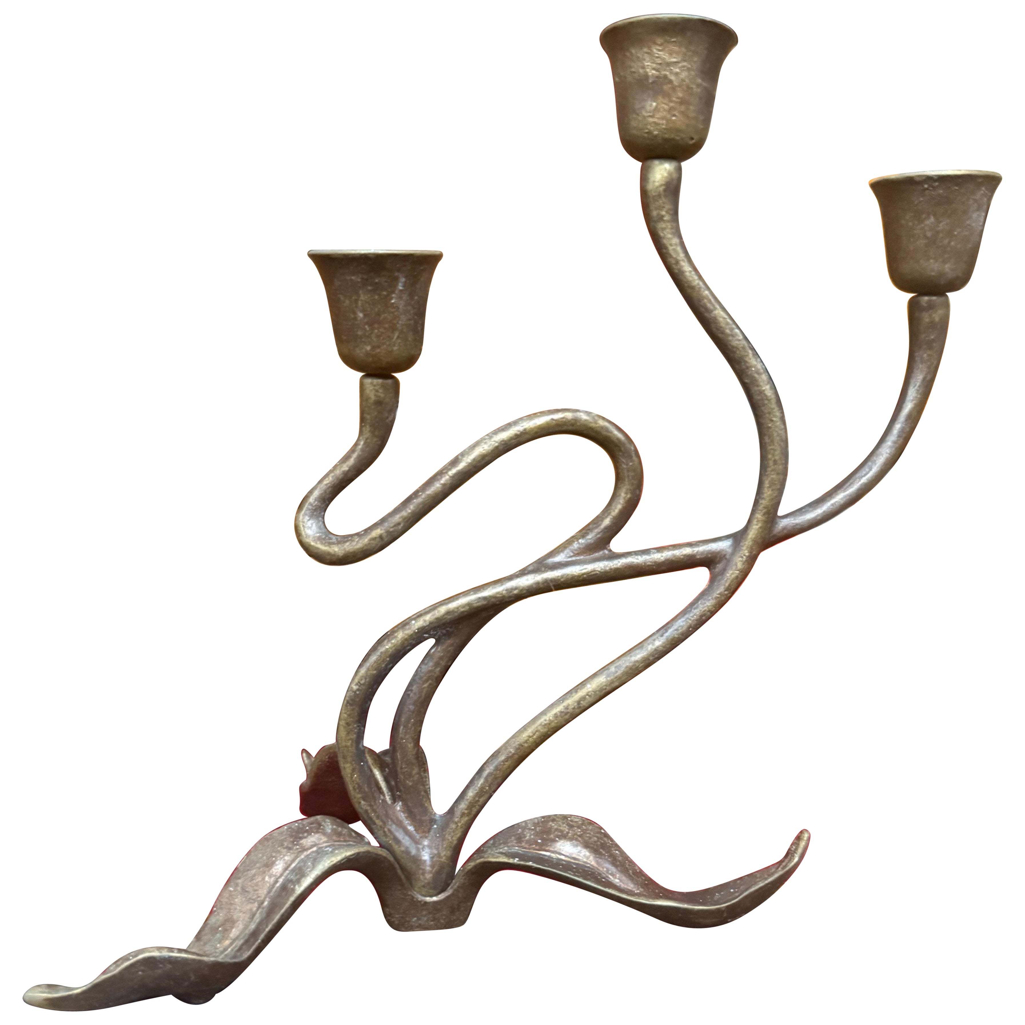Scott Nelles Bronze Floral 3 Candle Holder, Signed and Dated