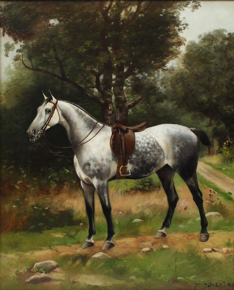 Antique American landscape oil painting with a horse by Scott (Nicholas Winfield) Leighton  (1849 - 1898).  Oil on canvas, circa 1870. Signed.  Displayed in a period giltwood frame.  Image, 18