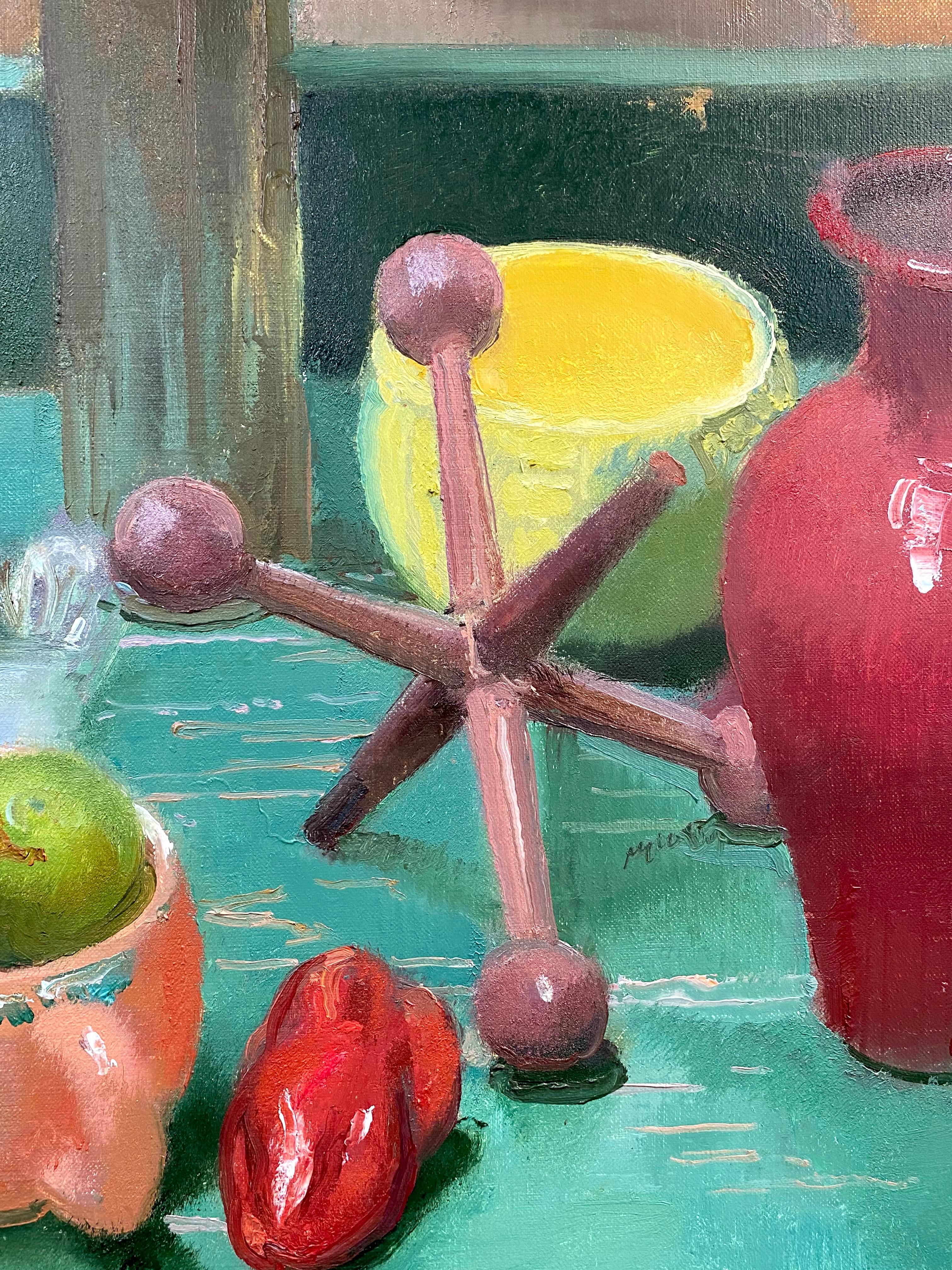 Grüner grüner Tisch mit Limonen (Grau), Still-Life Painting, von Scott Noel