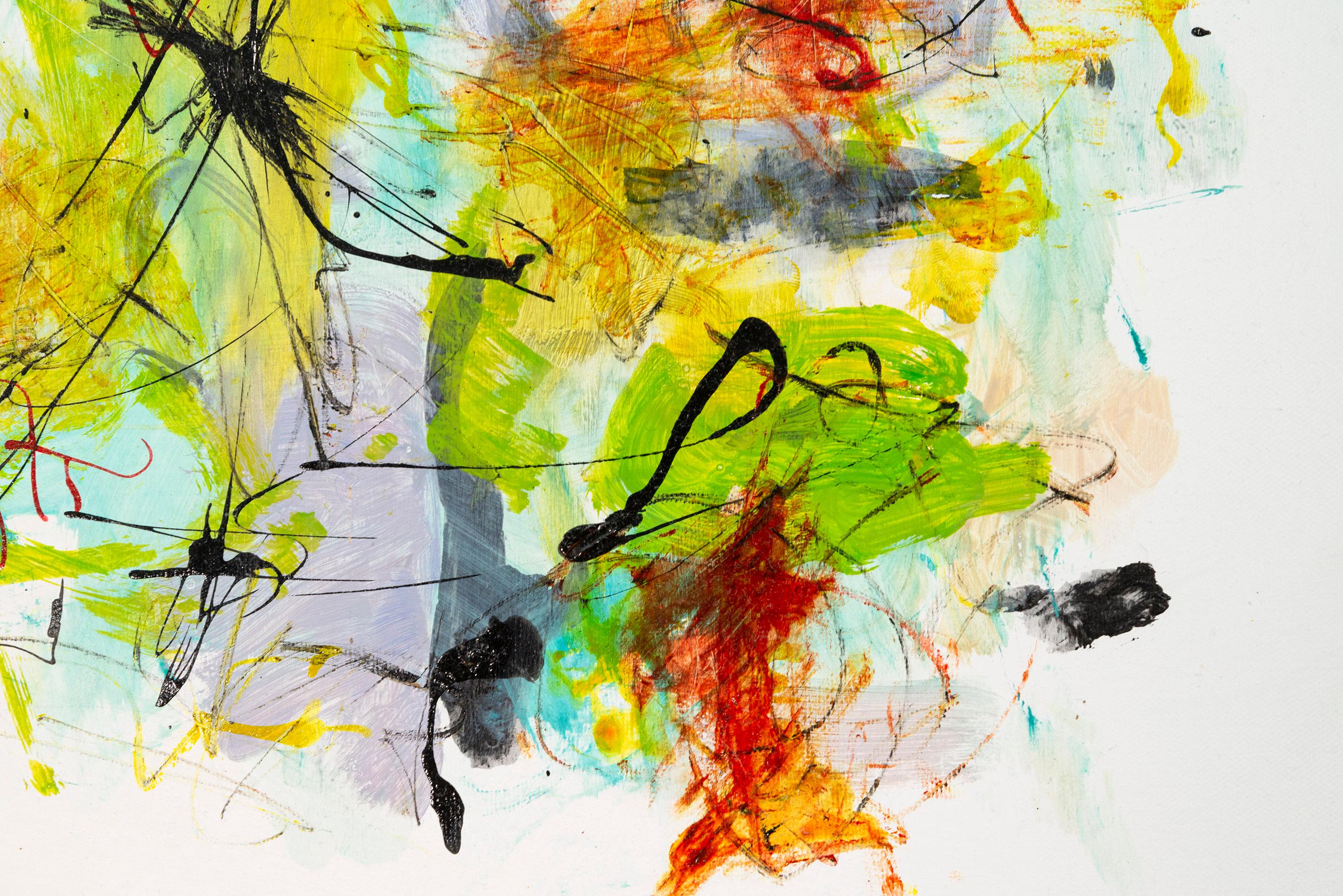 A melange of fresh, modern colours swirl about the canvas in this abstract painting by Scott Pattinson. The Canadian artist is known for his intuitive sense of colour. This expressive piece is a wild assortment of lime green, yellow, red, orange,
