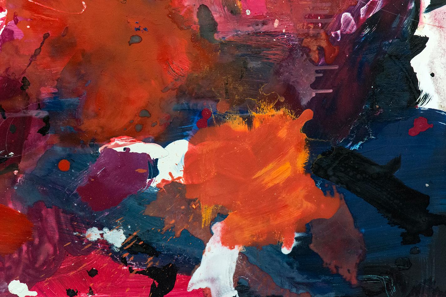 Gestural passages of crimson, red-orange and indigo are caught in a vigorous eddy of movement in this dynamic composition by Scott Pattinson. This canvas has its roots in the spontaneity of surrealism and the passion of 20th century abstract