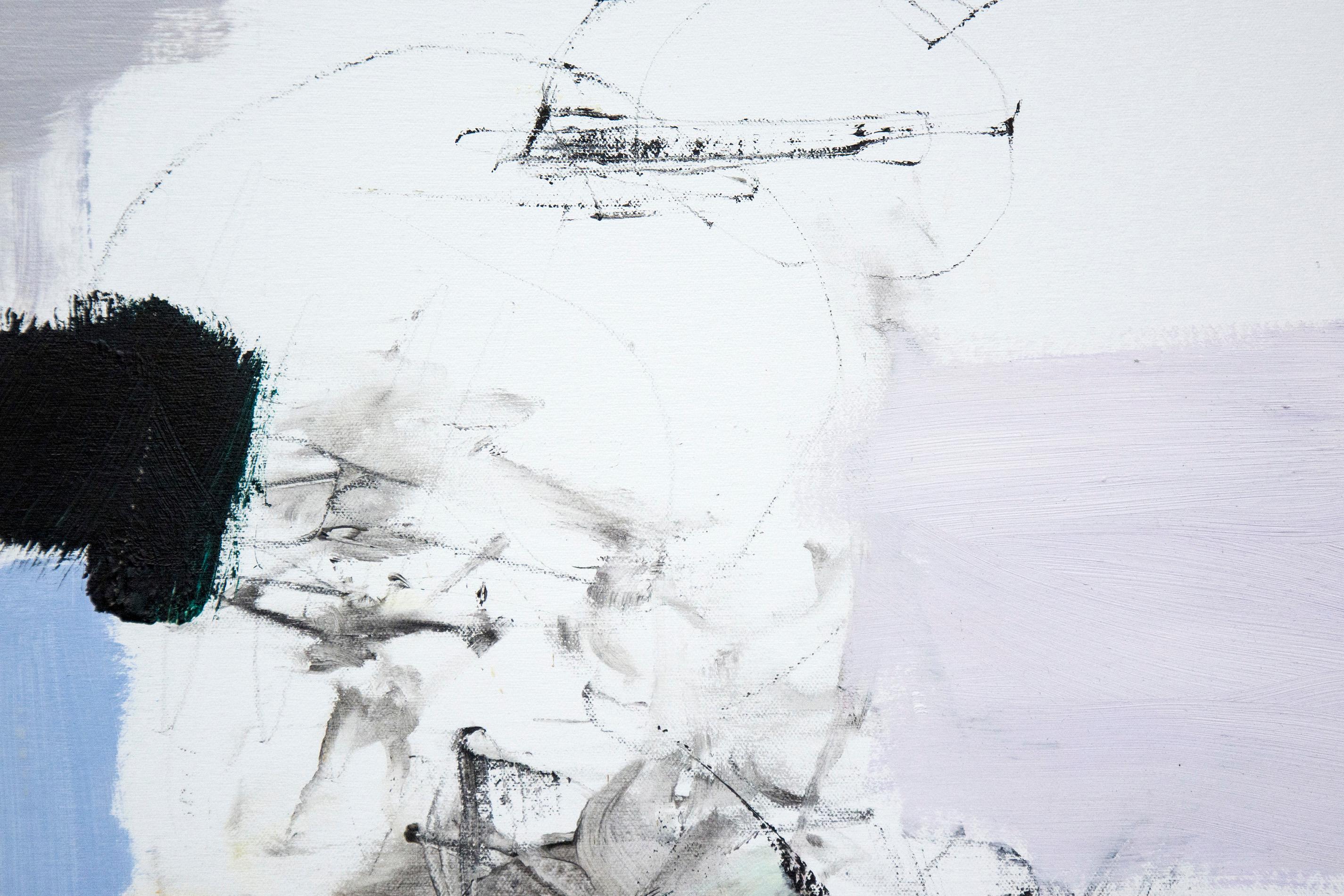 The palette is subtle: the gestural brushstrokes expressive—This is an earlier abstract painting by Scott Pattinson. The Canadian artist is known for his intuitive use of colour.
Here the palette is an elegant mix of soft gray, pale blue, a touch of