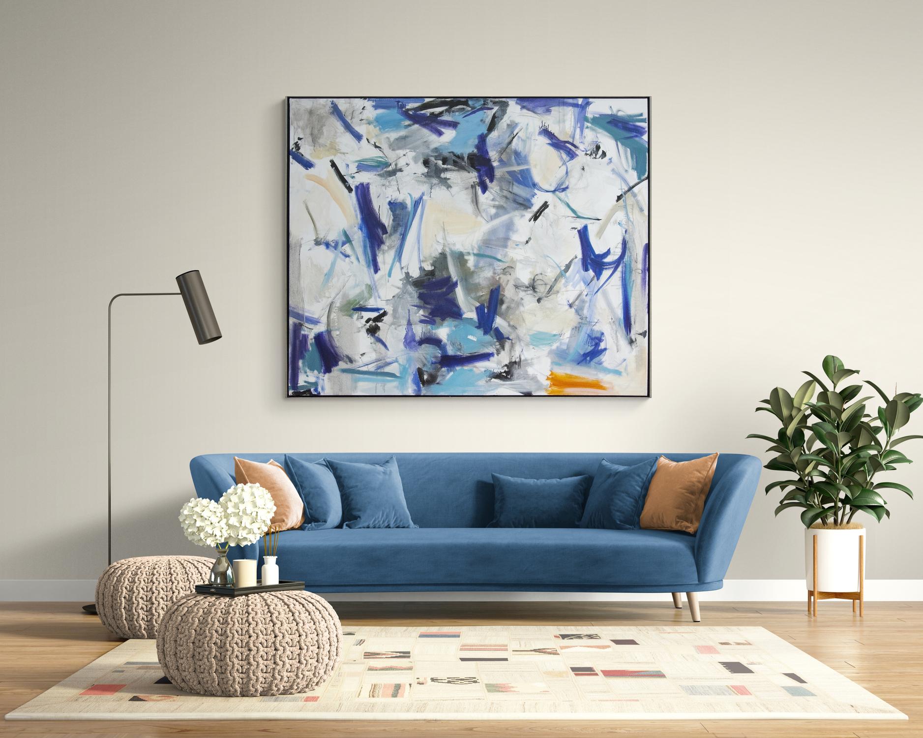 Curated indigo brushstrokes are caught in an eddy of cloud blue, silver and mauve in this dynamic canvas by Scott Pattinson. A passage of orange at the lower right adds a vibrant note to the active composition. Pattinson’s thematically organized oil