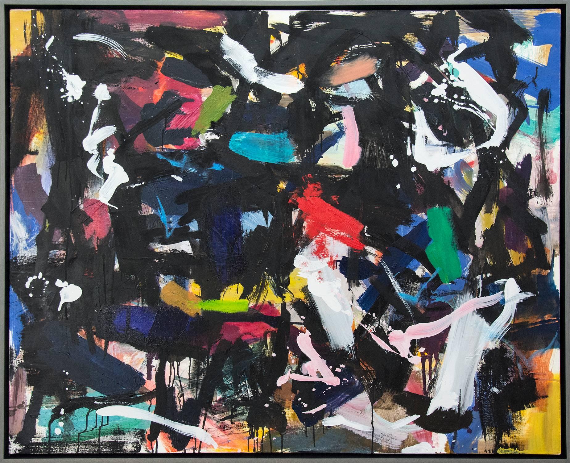 Ouvert No 46 - bold, black, green red, blue, gestural abstract oil on canvas - Painting by Scott Pattinson