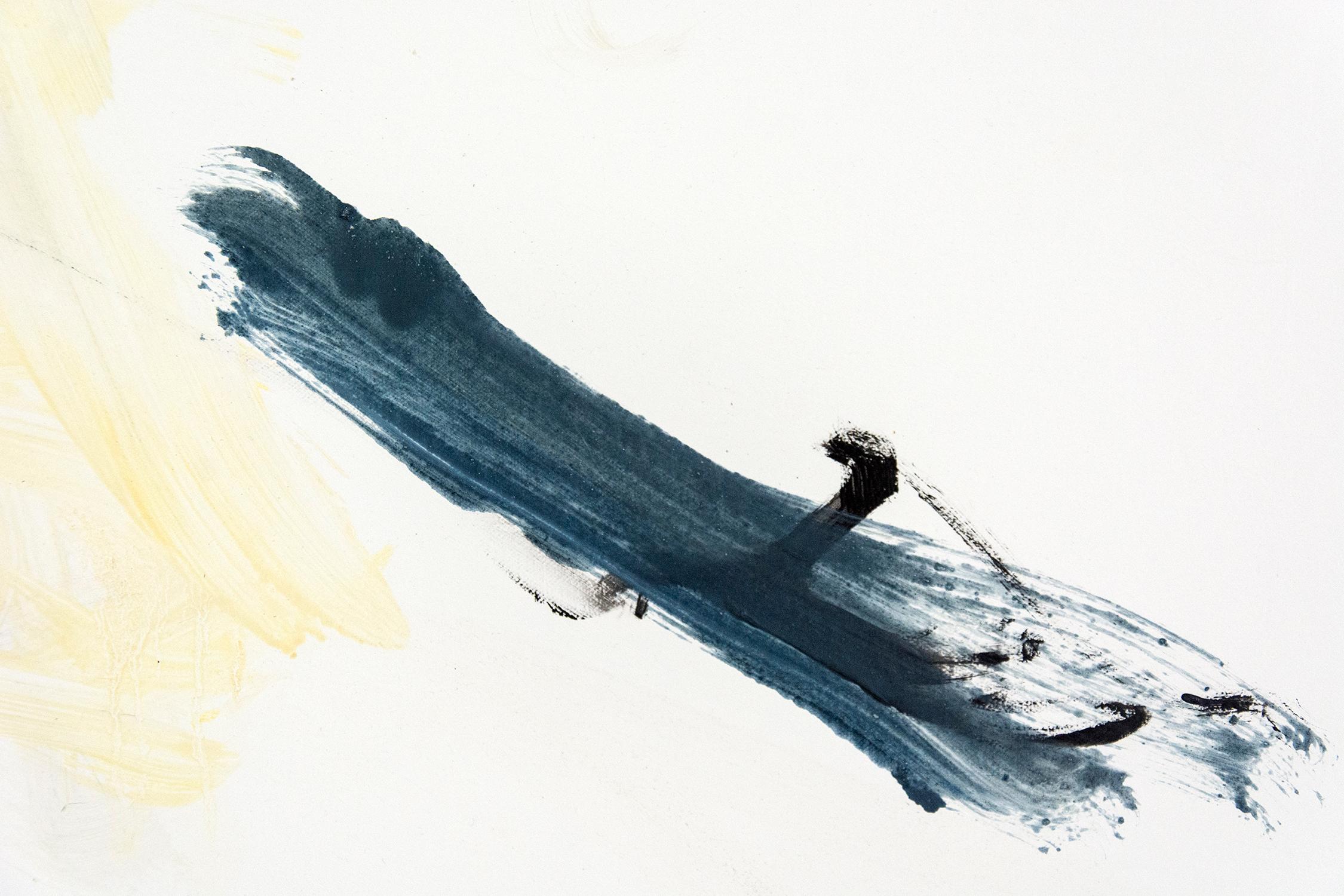 Ouvert No 77 - elegant billowing abstraction in gold, cerulean, charcoal 3