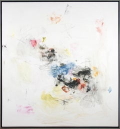 Ouvert No 78 - large, soft, white, blue, yellow, gestural abstract oil on canvas