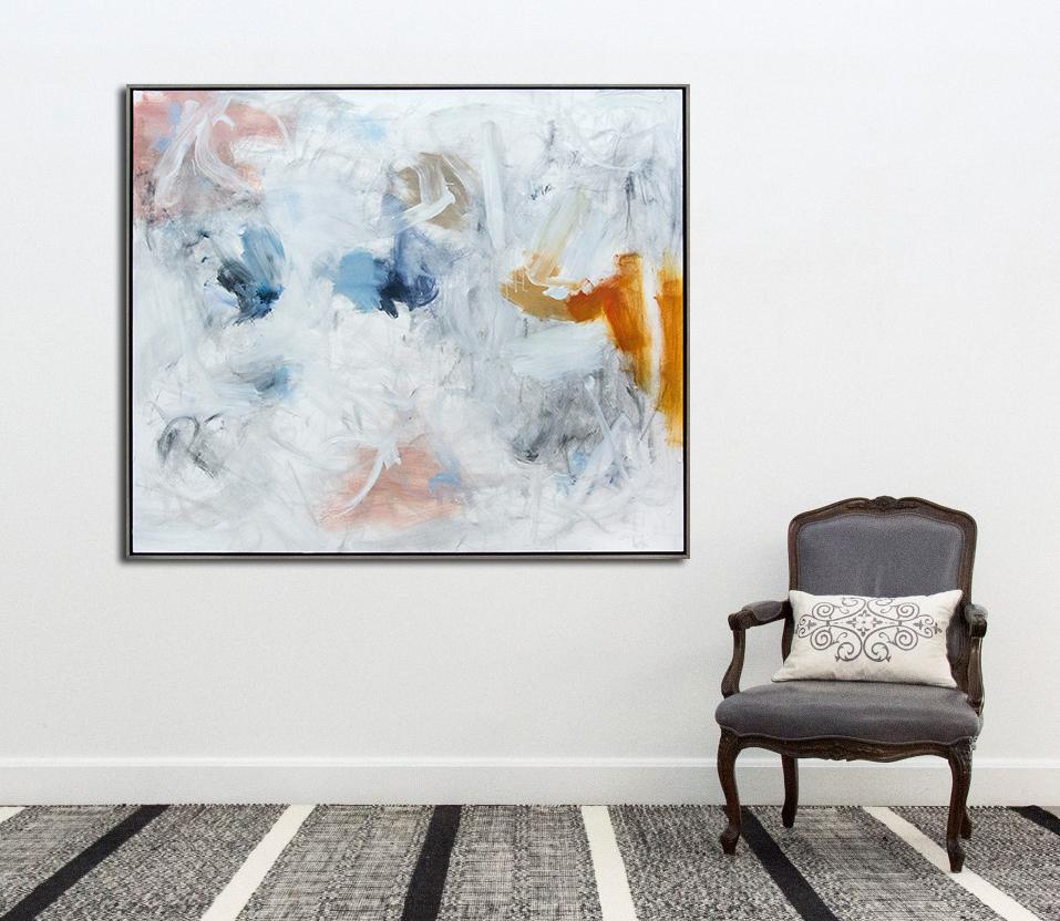 Pause Hesitation - Large gold, blue, white and pink abstract oil painting - Painting by Scott Pattinson