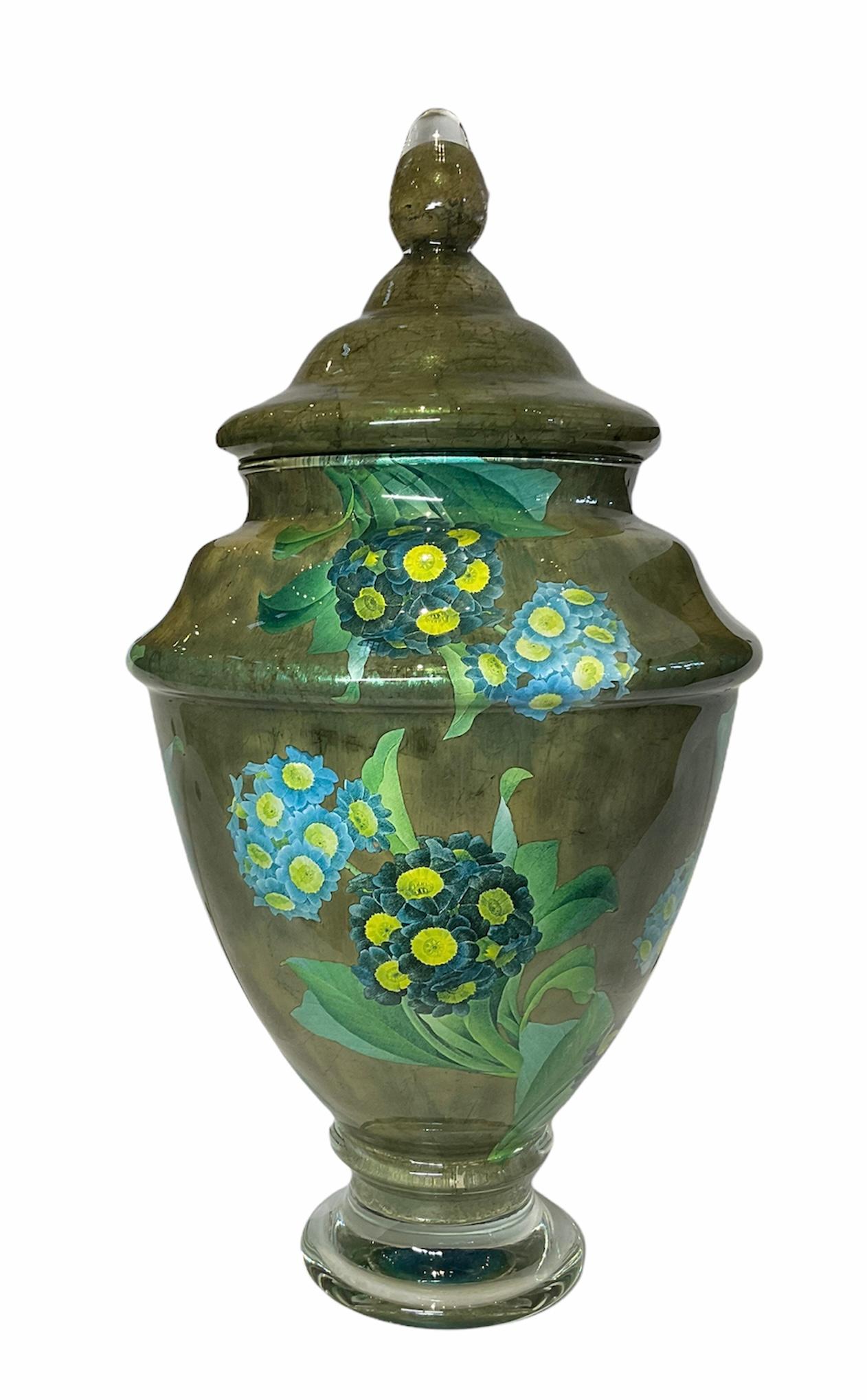 Arts and Crafts Scott Potter Art Glass Hydrangeas Lidded Urn For Sale