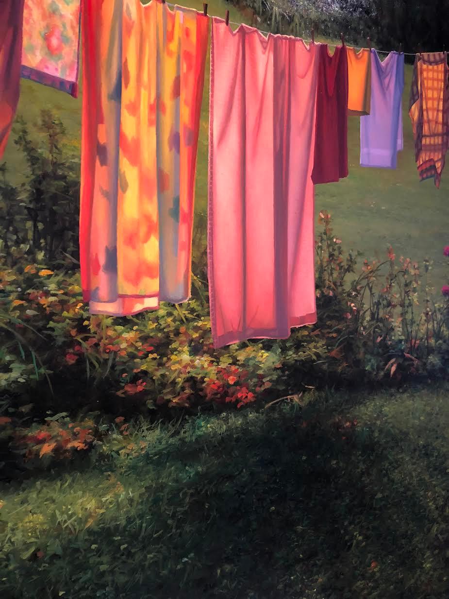 Fotorealistische Landschaft mit Grün, „Laundry at Sunrise“, Öl auf Leinen im Angebot 1
