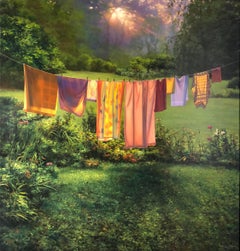 Photorealist landscape with green, "Laundry at Sunrise", oil on linen