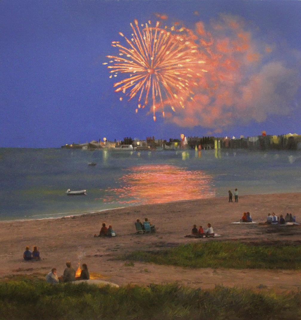Scott Prior Landscape Painting - Realist painting with blue and orange, "Fireworks in Provincetown", oil on panel