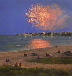 Realist painting with blue and orange, "Fireworks in Provincetown", oil on panel