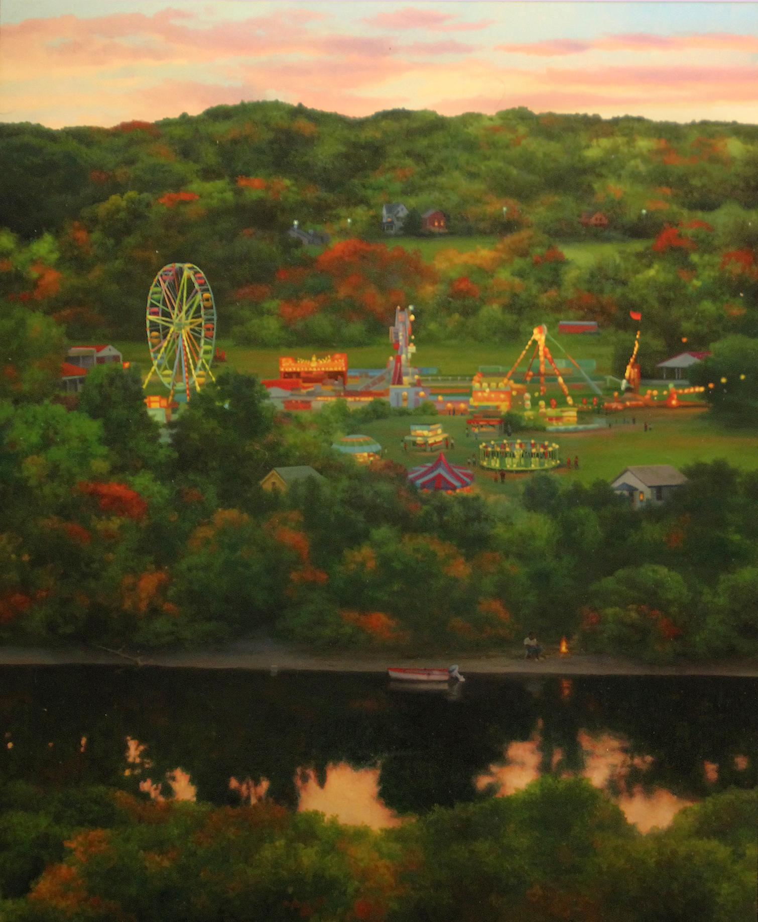 Scott Prior Landscape Painting - Realist painting with green and red, "Fairgrounds on the River", oil on panel