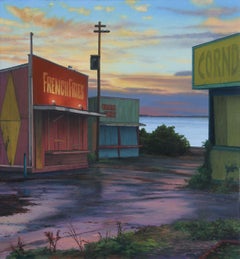 small scale oil painting, "Closed Food Stands Off Season" (realist landscape)