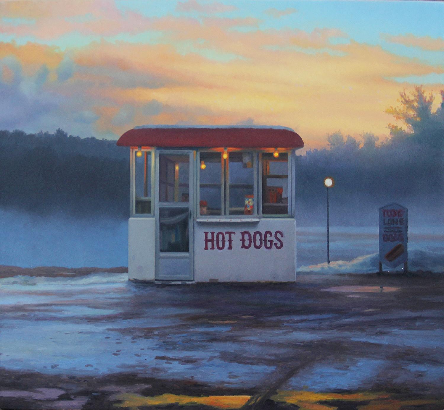 Scott Prior Landscape Painting - small scale oil painting, "Hot Dogs, Early Snow", (realist landscape) 