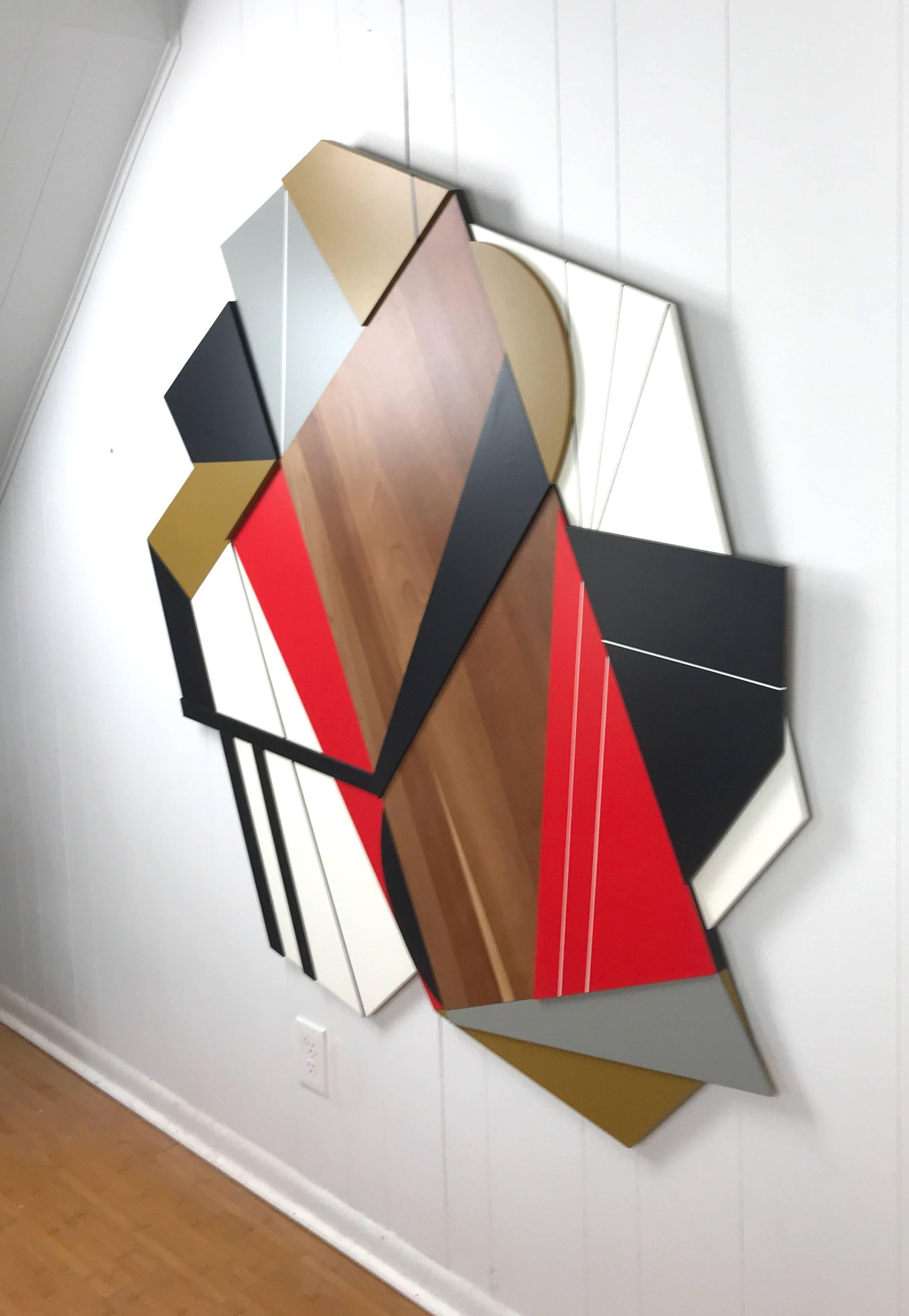 Achtung is a vibrant large-scale mixed media wall sculpture. The solid American cherry hardwood panel was repurposed from a 70-year-old wood dining room table. Layers of MDF panels are then laid on top of the cherry to create dimension and movement.