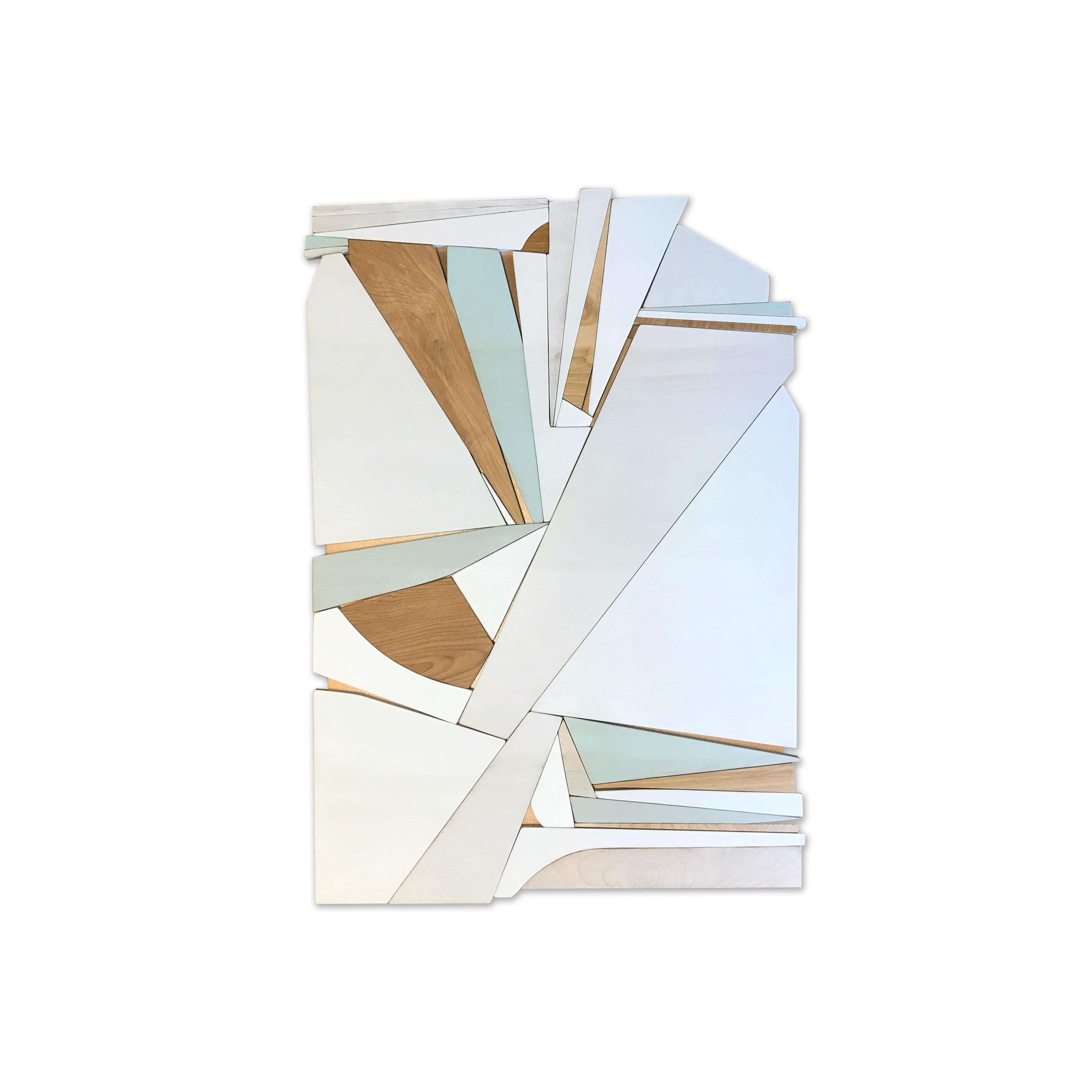 Scott Troxel Abstract Painting - Mint (white teal monochrome natural wood sculpture minimal geometric art deco)