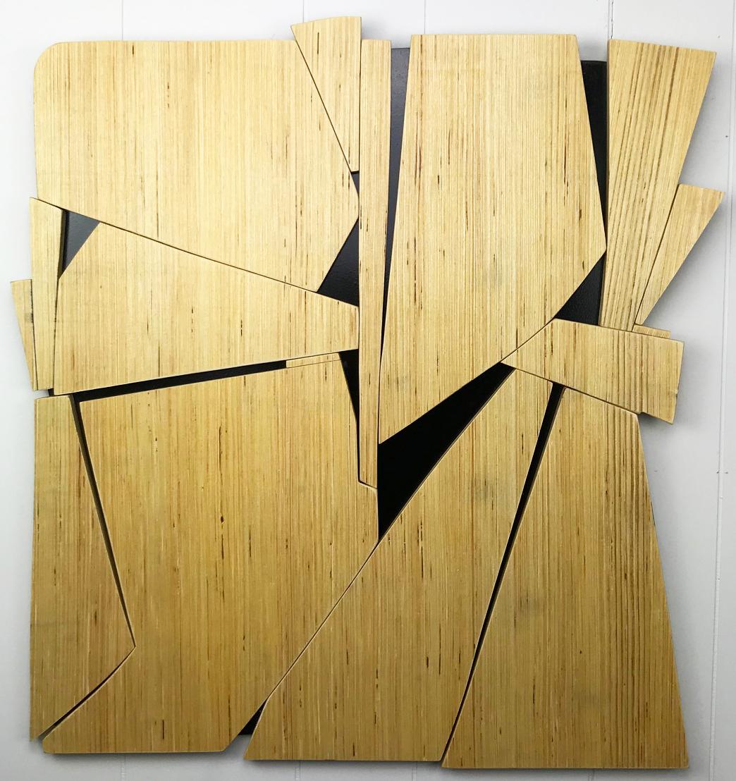 Scott Troxel
Phonecian, 2019
acrylic and acrylic wash on birch with wax finish
24 x 24 x 1 in.
(trox005)

This original abstract wooden wall sculpture by Scott Troxel has a mid-century modern sensibility and is fabricated with birch and finished