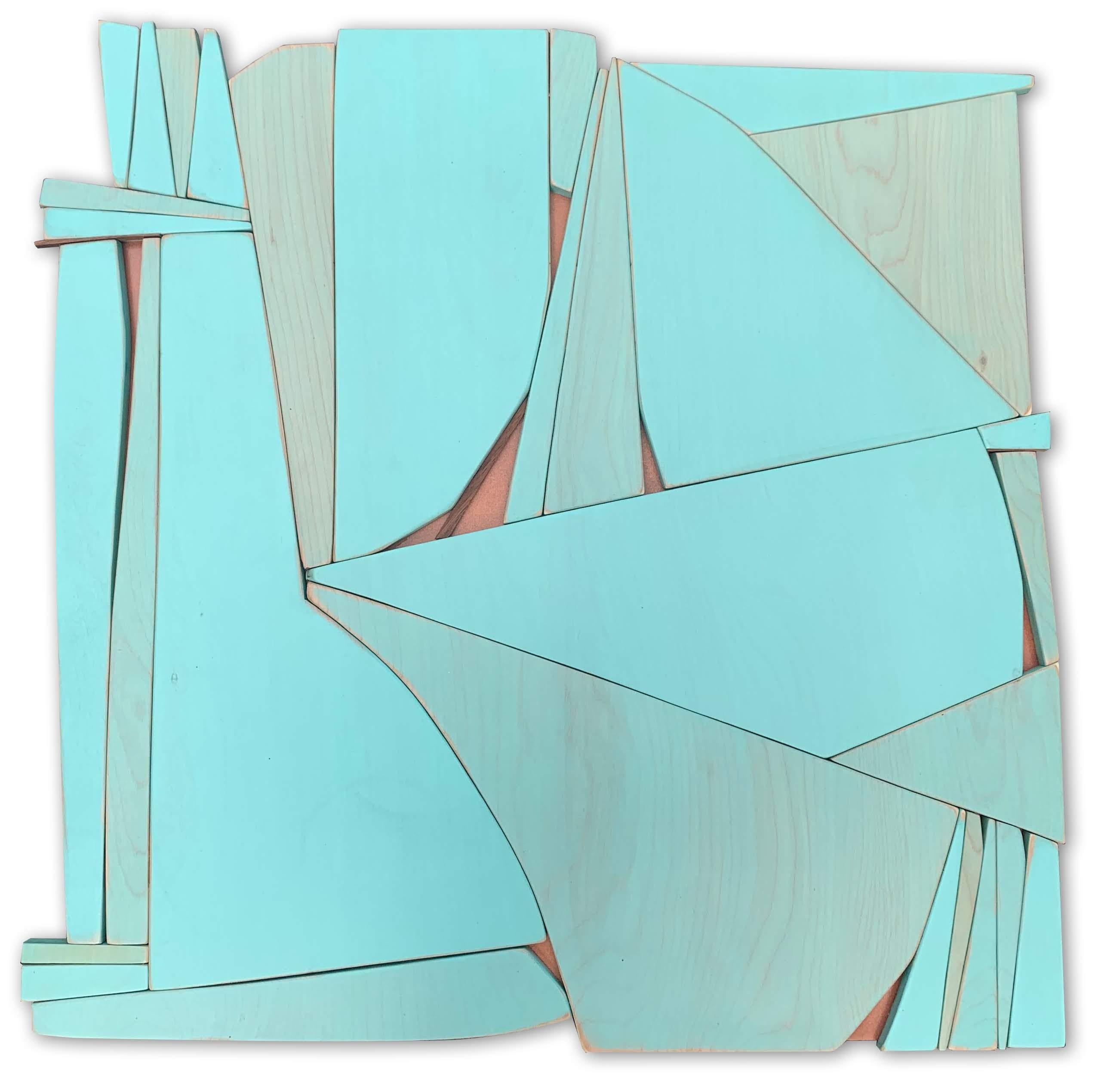Scott Troxel
Tiki III, 2019
Acrylic washes on birch and walnut, mounted on mdf painted with metallic enamel. Satin Lacquer clear coat.
24 x 24 x 2/3 in.
(trox009)

This original abstract wooden wall sculpture by Scott Troxel has a mid-century modern