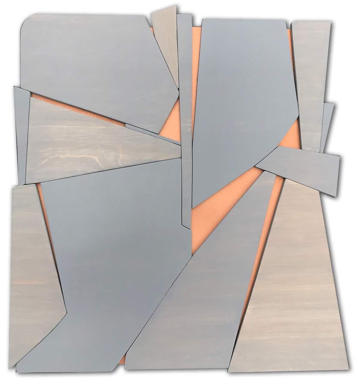 Scott Troxel
Zephyr, 2019
Acrylic washes on birch mounted on mdf painted with metallic enamel . Finished with wax.
24 x 24 x 2/3 in.
(trox012)

This original abstract wooden wall sculpture by Scott Troxel has a mid-century modern sensibility and is