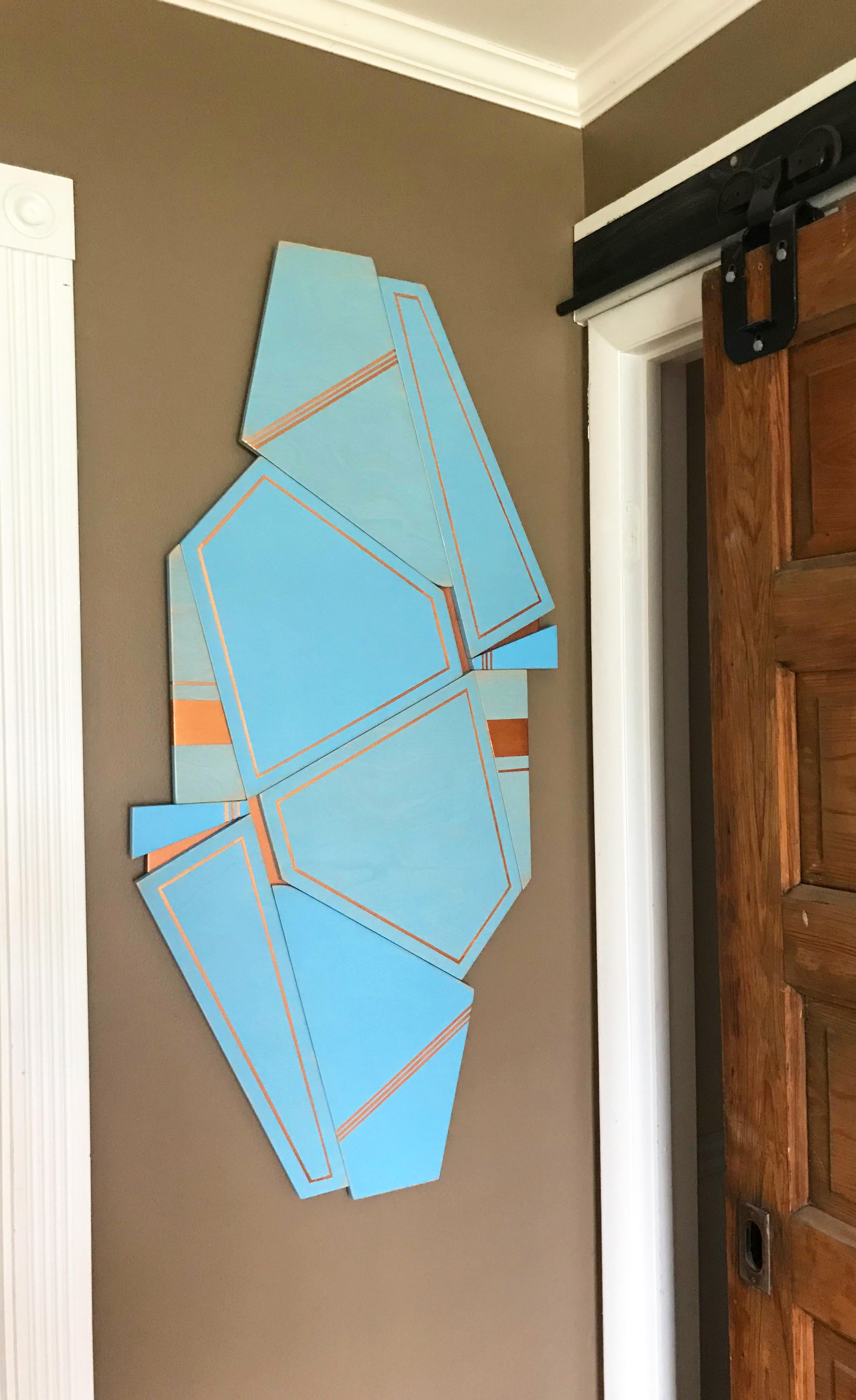 Space Candy II (wood art deco sky blue modern wall sculpture minimal geometric  - Blue Abstract Sculpture by Scott Troxel