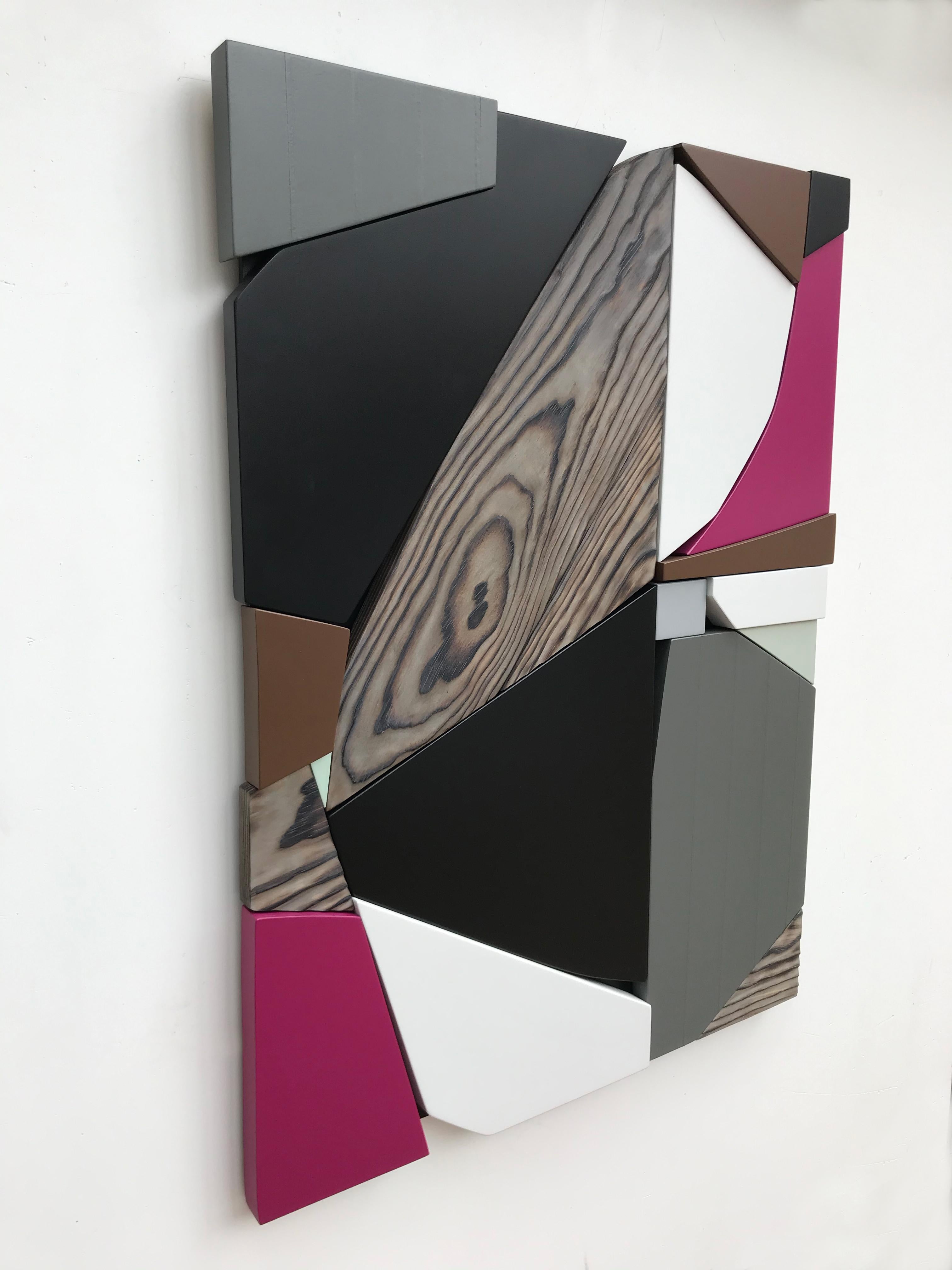 SSB1 (grey black mid-century wood wall sculpture magenta abstract geometric art) - Minimalist Painting by Scott Troxel