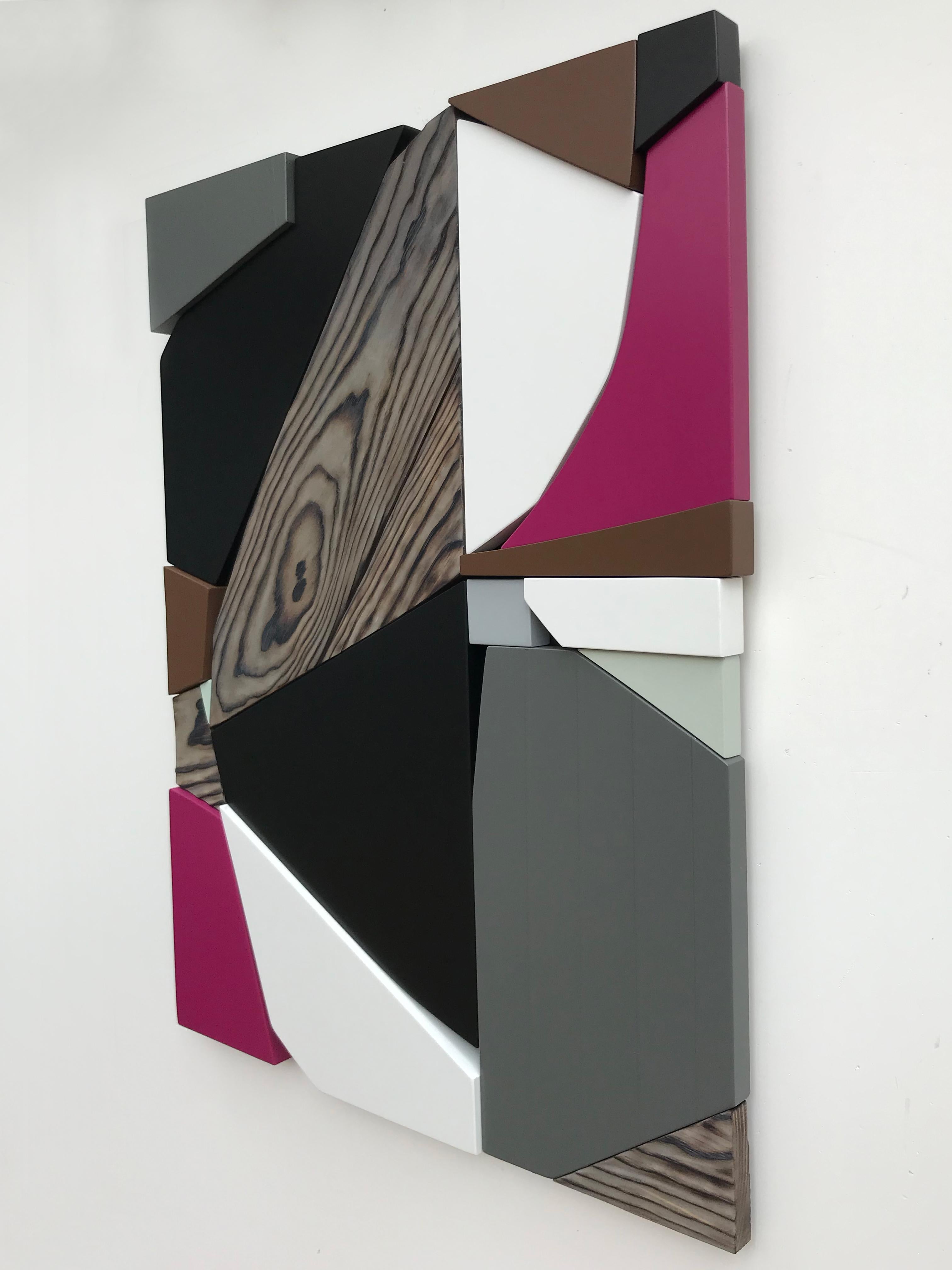 SSB1 (grey black mid-century wood wall sculpture magenta abstract geometric art) - Black Abstract Painting by Scott Troxel