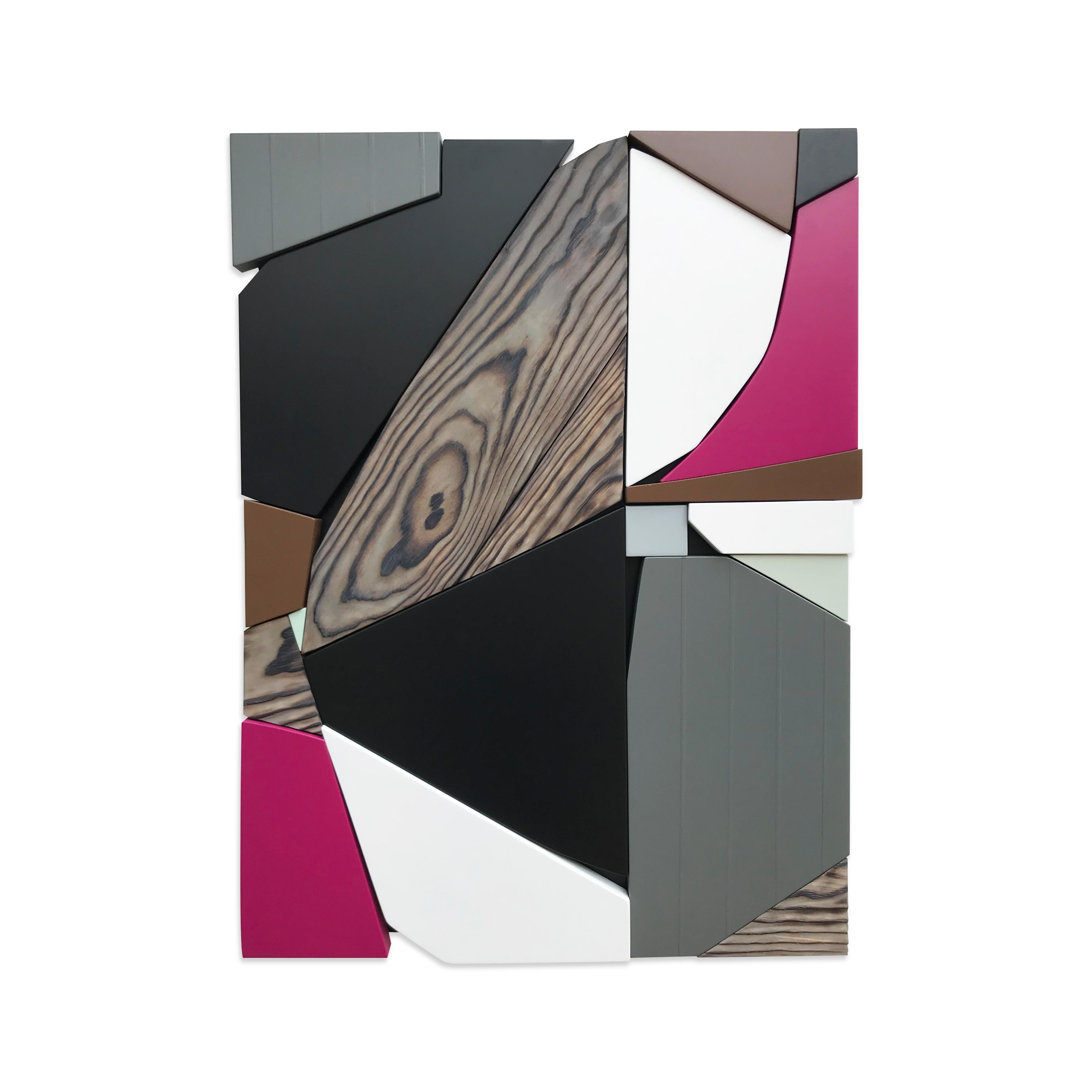 Scott Troxel Abstract Painting - SSB1 (grey black mid-century wood wall sculpture magenta abstract geometric art)