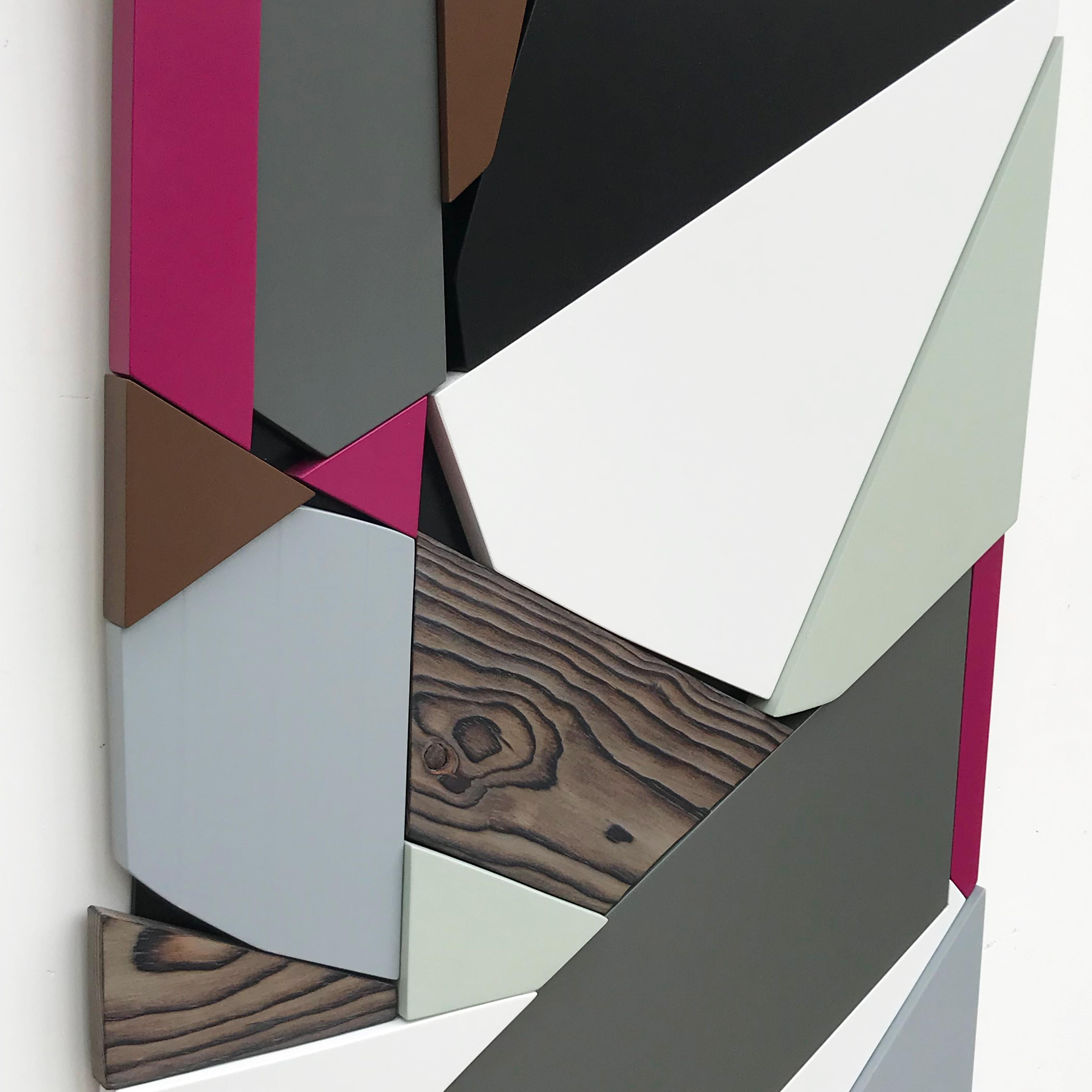 SSB2 (grey black mid-century wood wall sculpture magenta abstract geometric art) - Sculpture by Scott Troxel