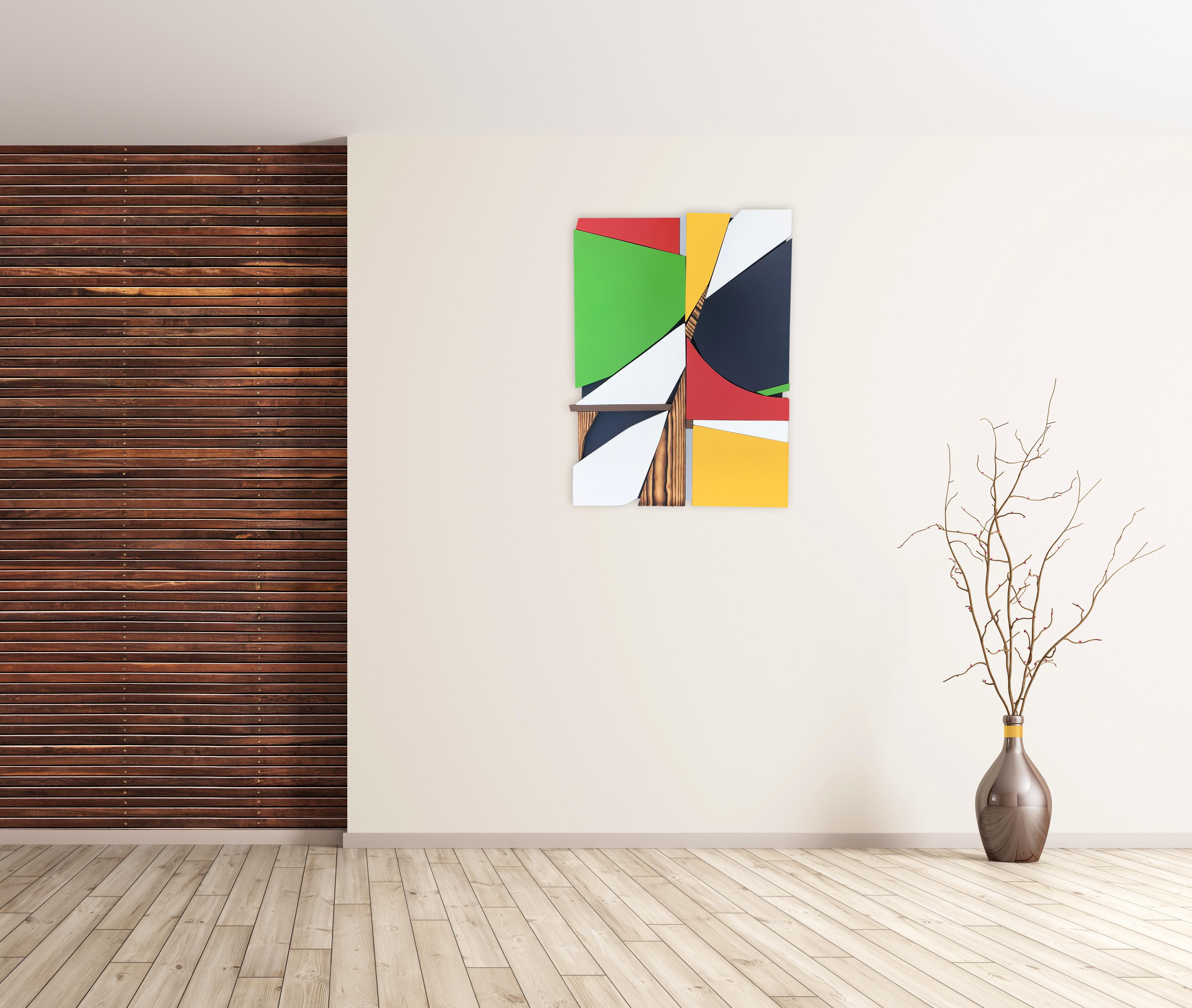 SSB4 (red yellow black mid-century wood wall sculpture green abstract geometric) - Sculpture by Scott Troxel