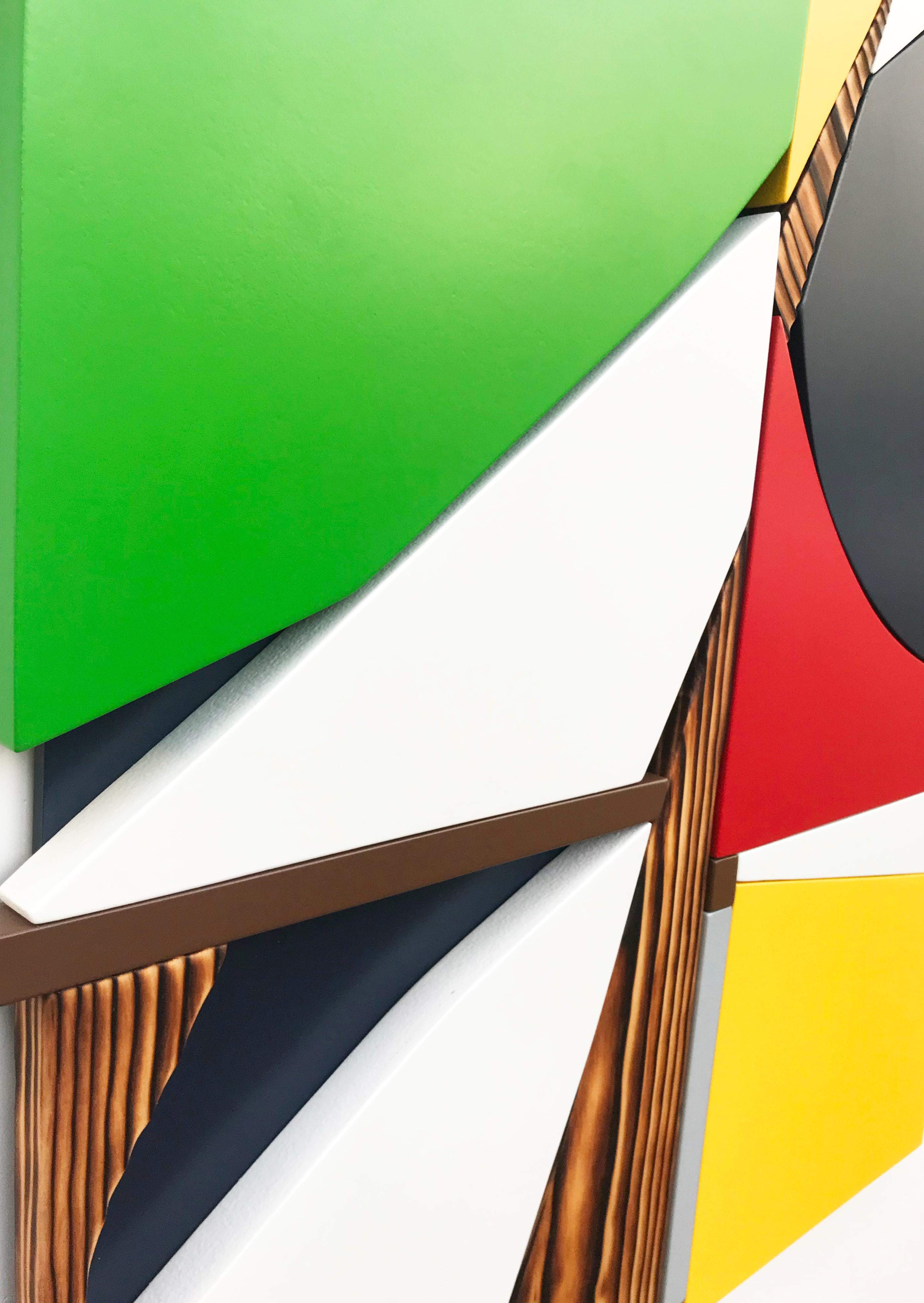 SSB4 (red yellow black mid-century wood wall sculpture green abstract geometric) - Brown Abstract Sculpture by Scott Troxel