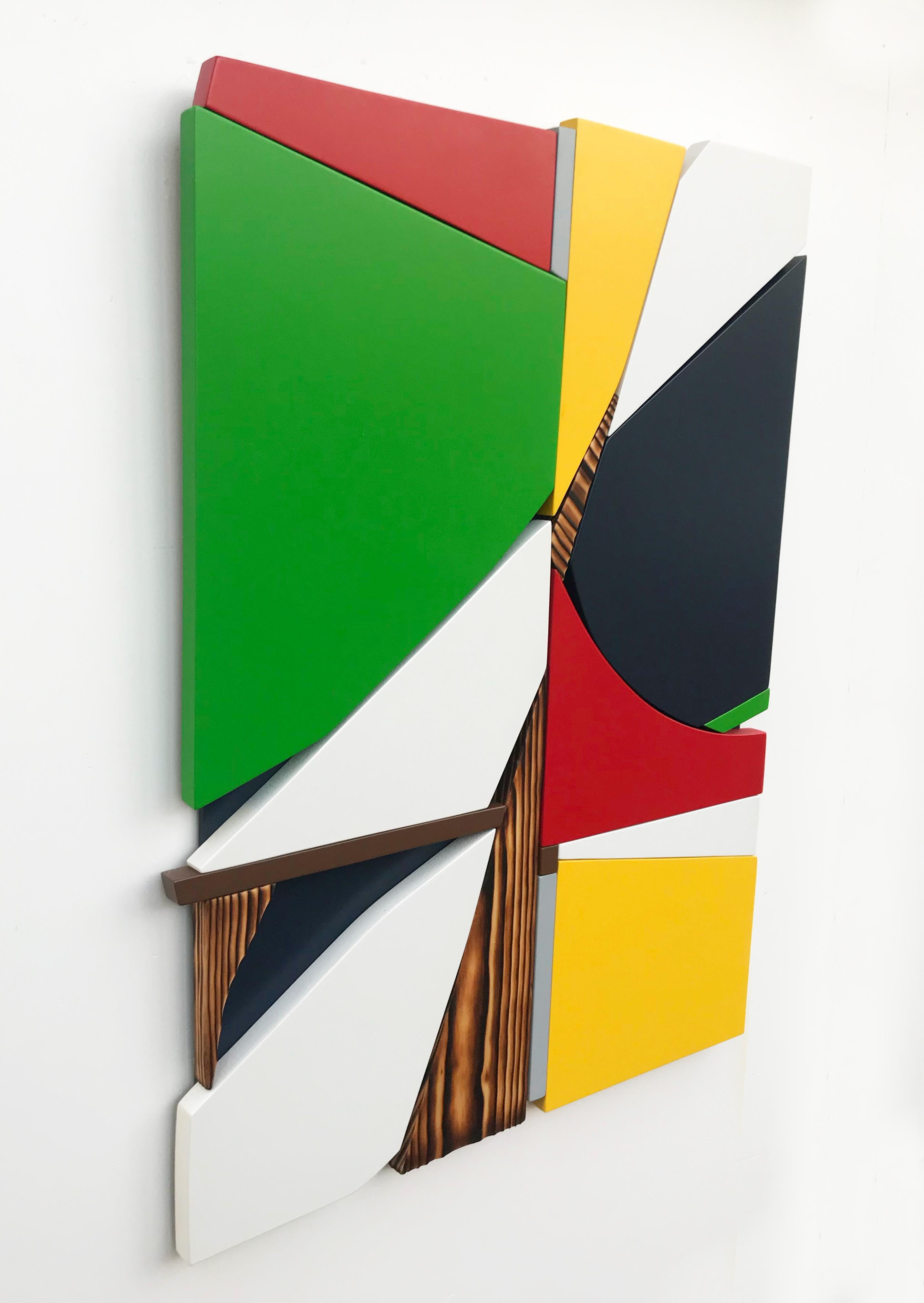 SSB4 (red yellow black mid-century wood wall sculpture green abstract geometric) 1