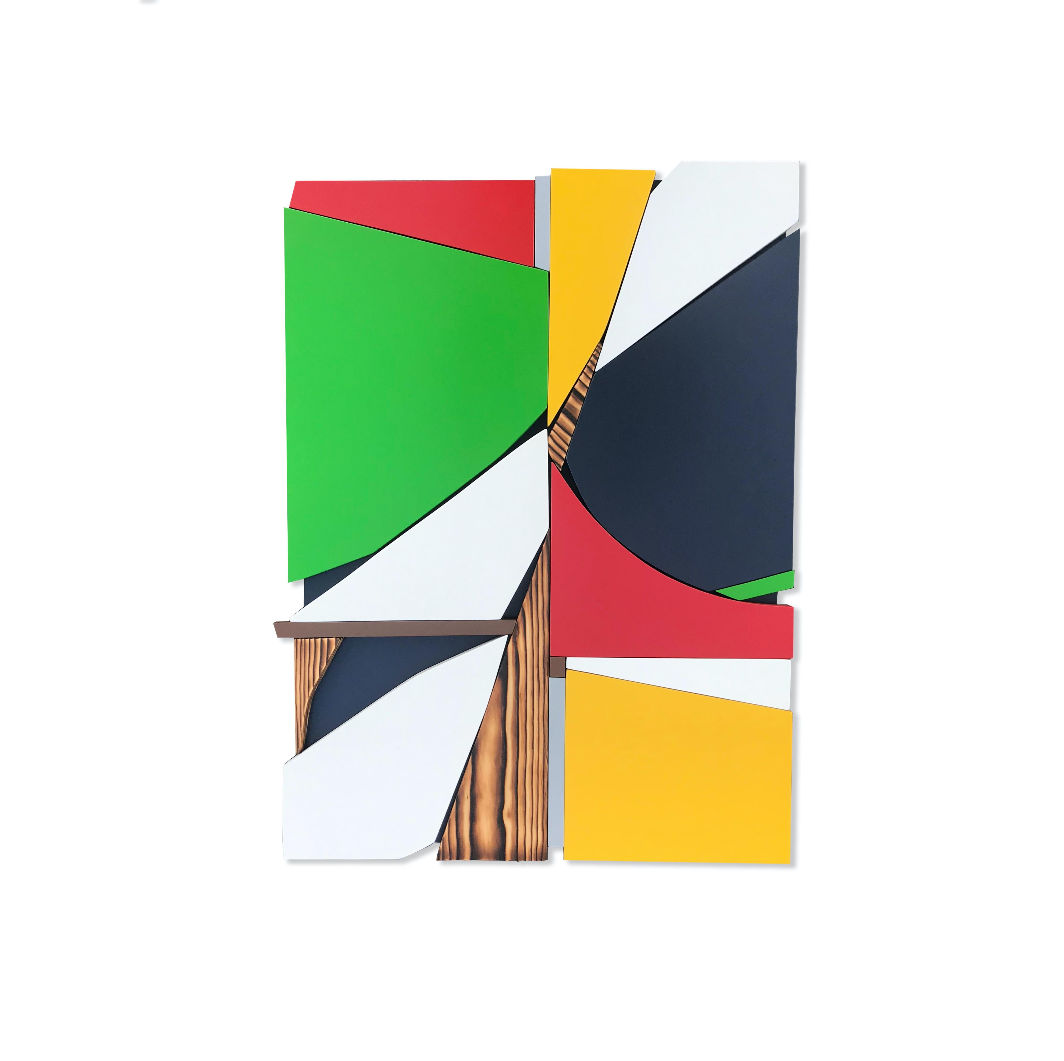 Scott Troxel Abstract Sculpture - SSB4 (red yellow black mid-century wood wall sculpture green abstract geometric)