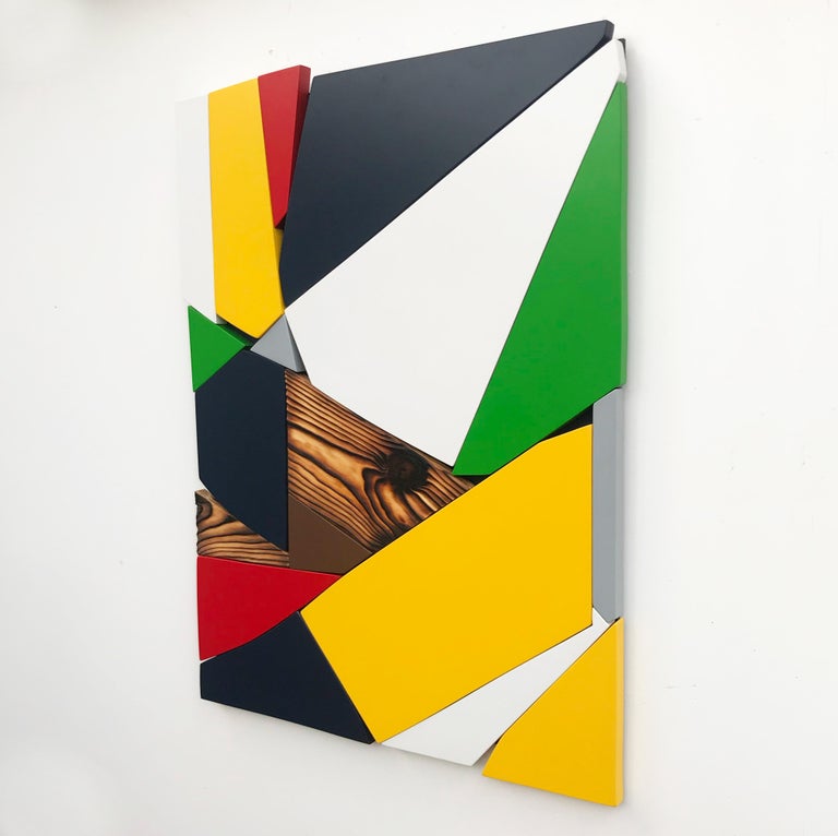 SSB5 (red yellow black mid-century wood wall sculpture green abstract geometric) For Sale 1