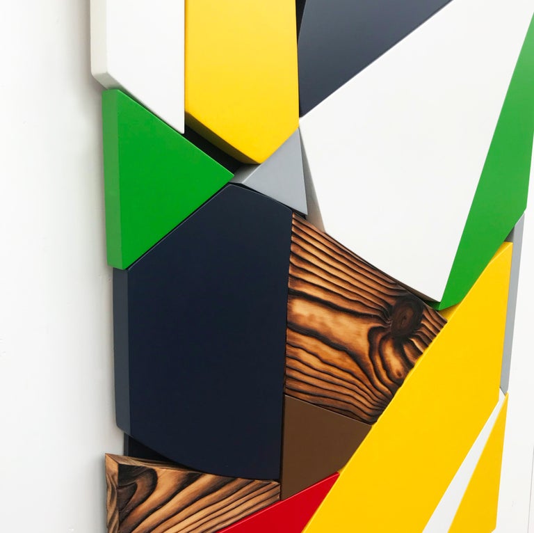 SSB5 (red yellow black mid-century wood wall sculpture green abstract geometric) For Sale 2