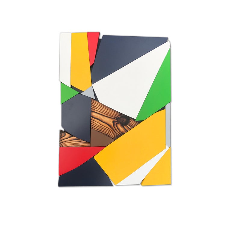 Scott Troxel Abstract Painting - SSB5 (red yellow black mid-century wood wall sculpture green abstract geometric)