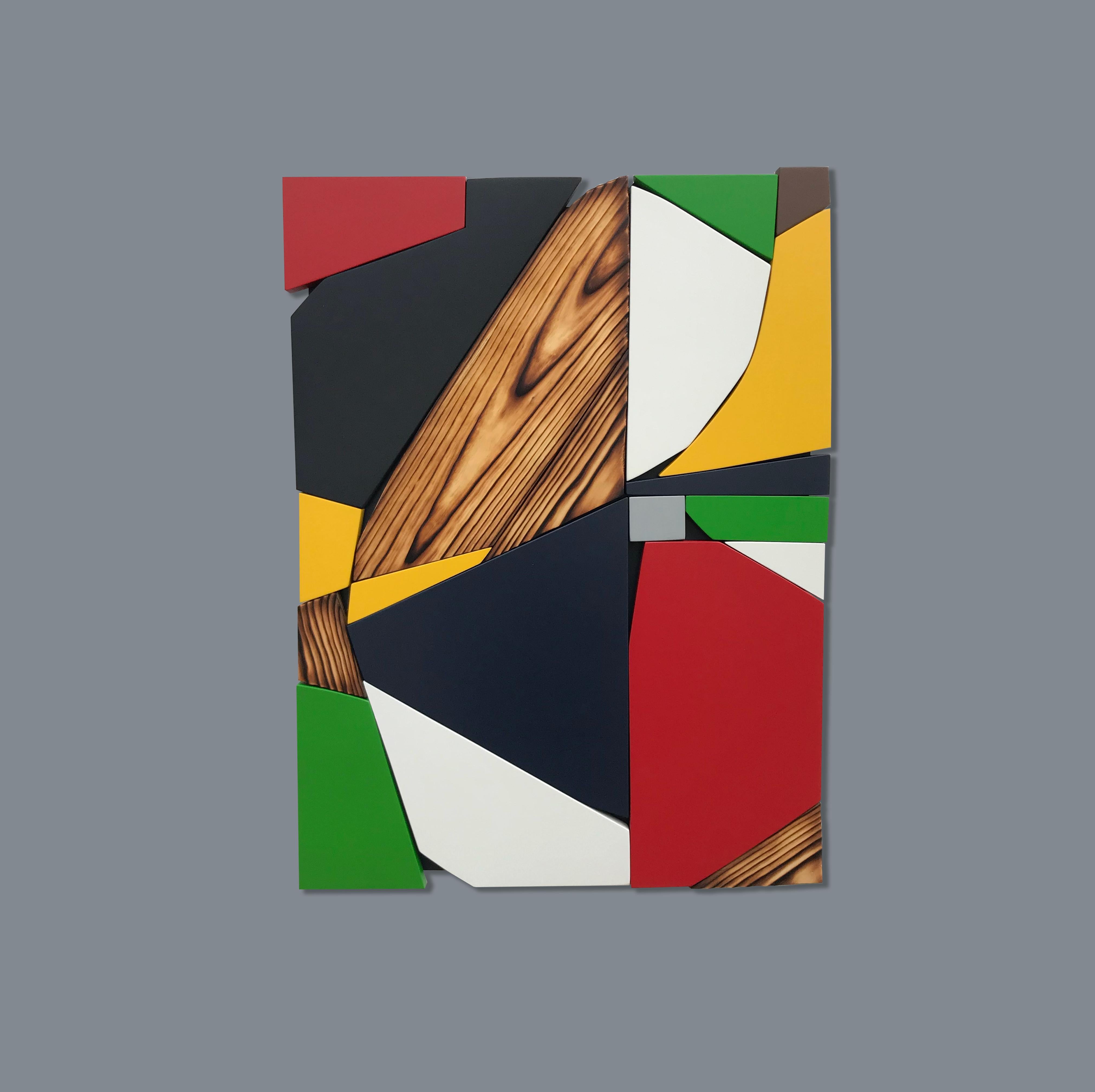 SSB6 (red yellow black mid-century wood wall sculpture green abstract geometric) - Painting by Scott Troxel