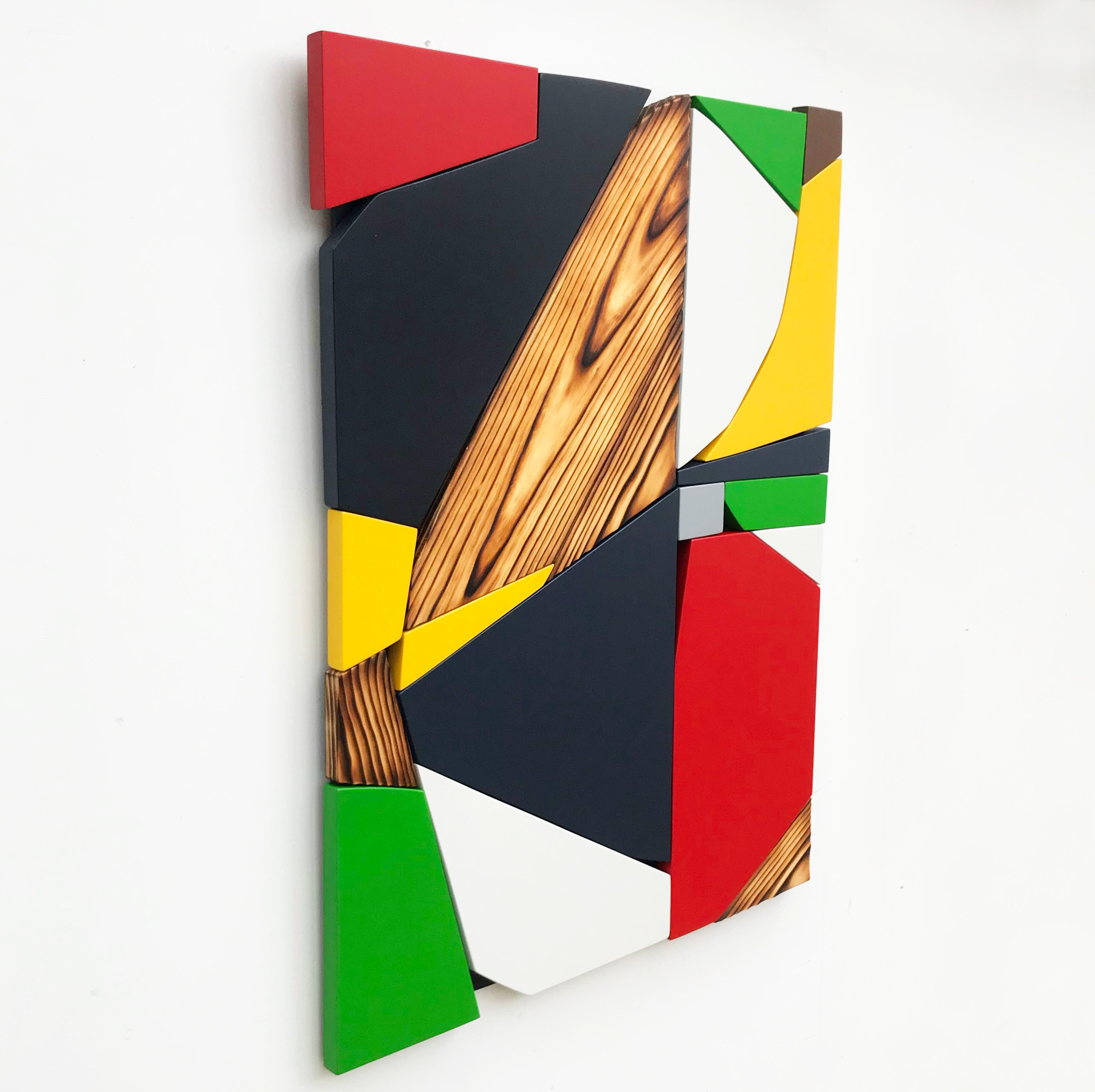 SSB6 (red yellow black mid-century wood wall sculpture green abstract geometric) - Brown Abstract Painting by Scott Troxel