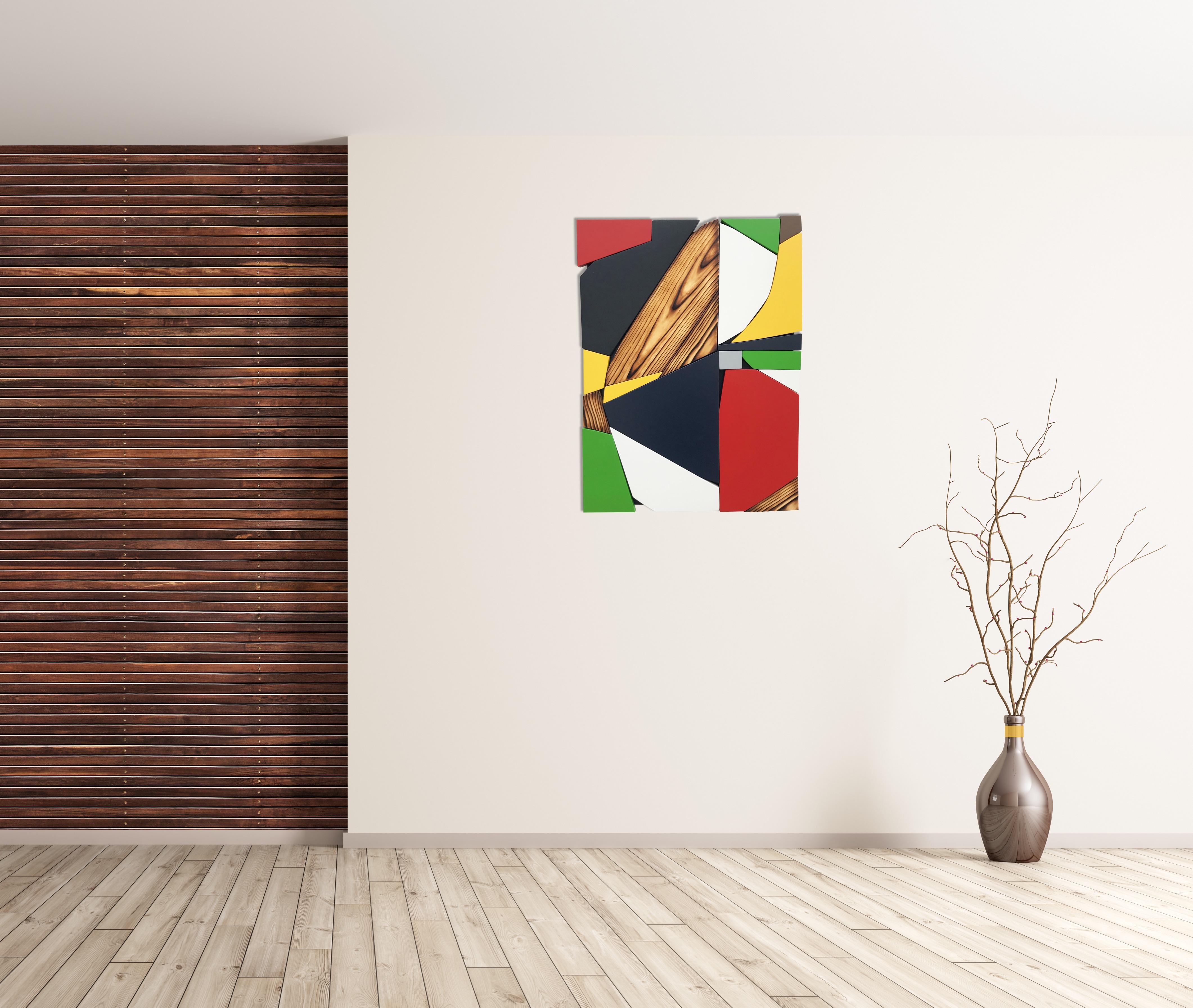 SSB6 (red yellow black mid-century wood wall sculpture green abstract geometric) 1