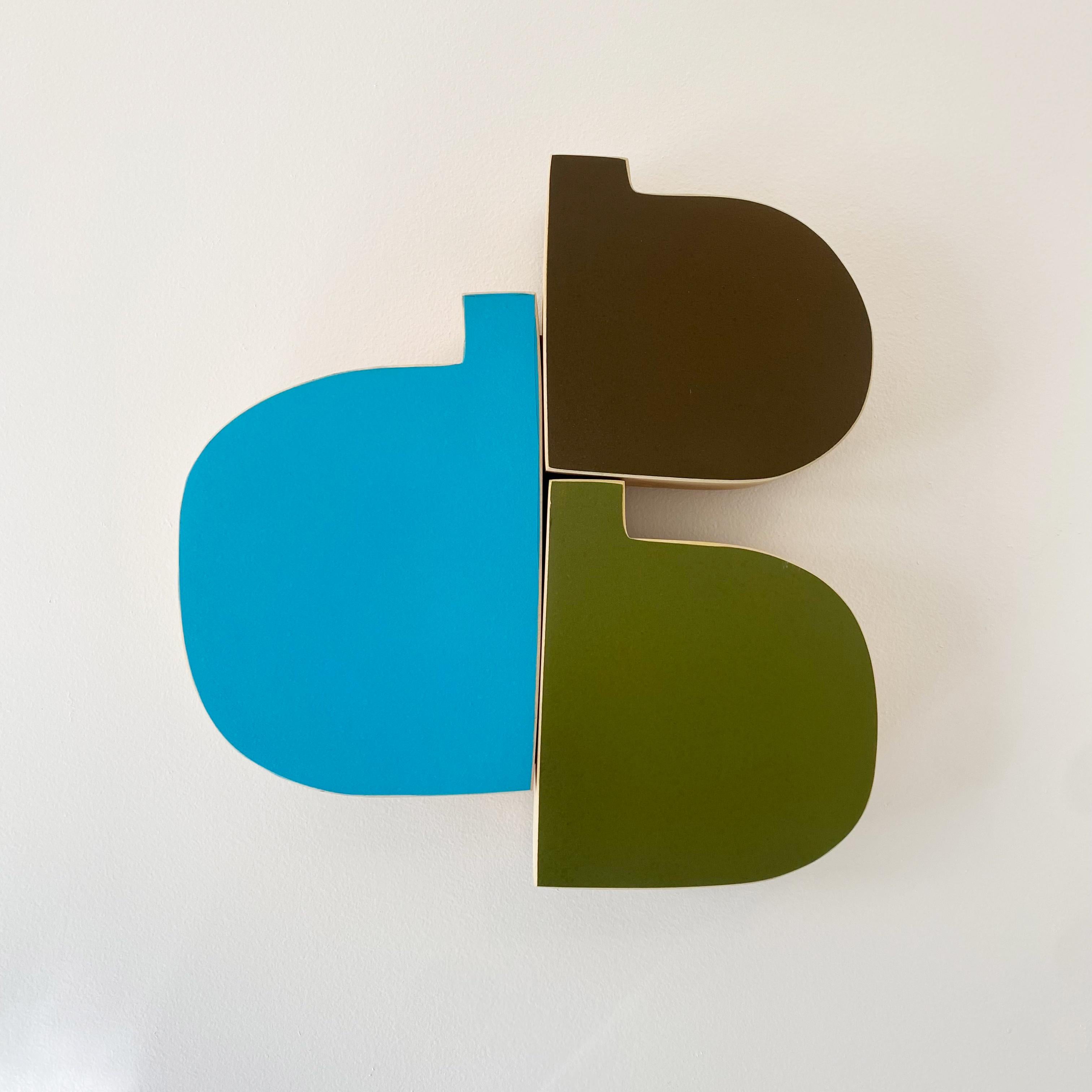 Scott Troxel Abstract Sculpture - "3 Jugs" Wall Sculpture-wood, blue, minimalism, mid century modern, green, brown