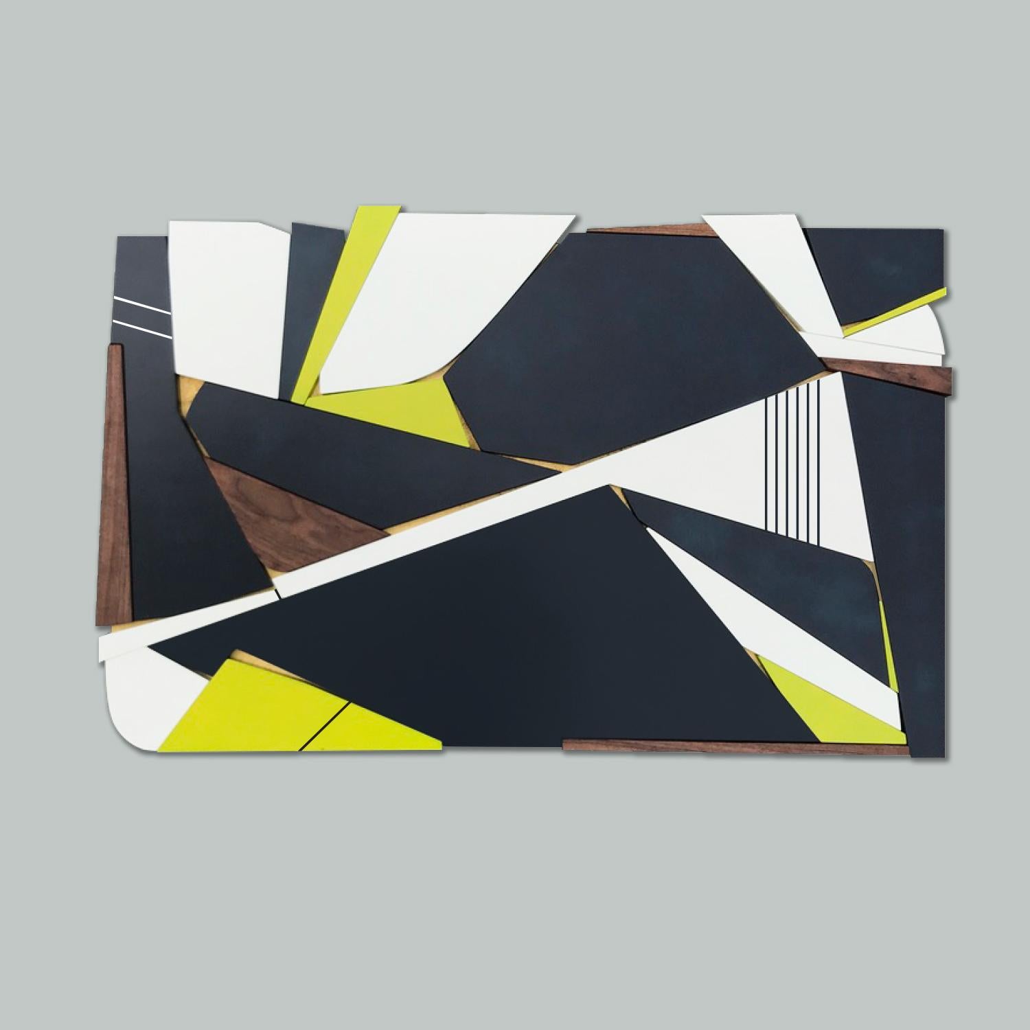 Artwork made in acrylic on birch with satin lacquer and Venetian gold plaster paint backer

Navy Citron is a striking mid century modernist inspired wall sculpture made from birch, mdf, solid walnut, metallic gold Venetian plaster paint and acrylic