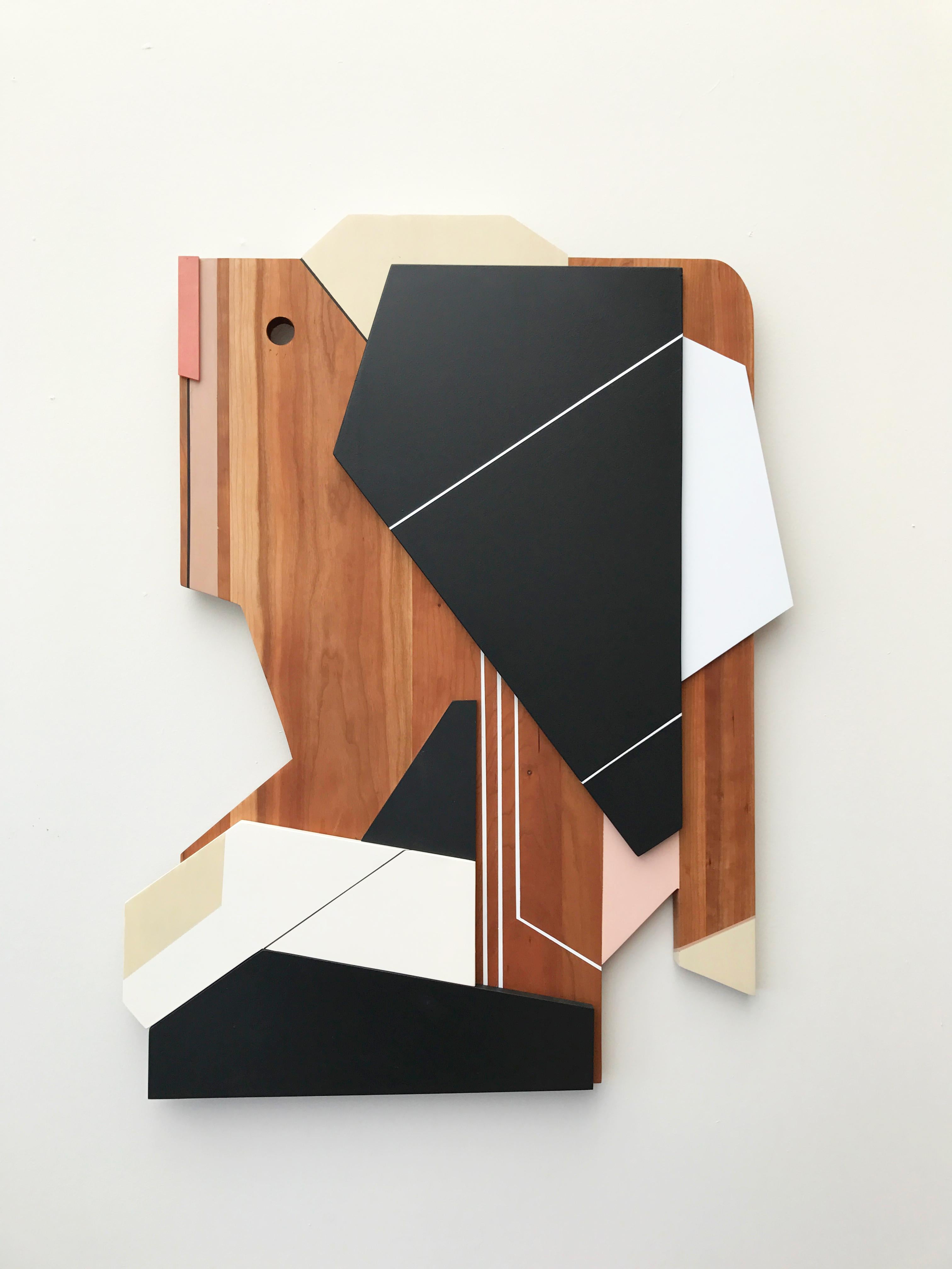 Scott Troxel Abstract Sculpture - "Apollo V" Wood Wall Sculpture Modern, black, white, tan, mcm, mid century, pink