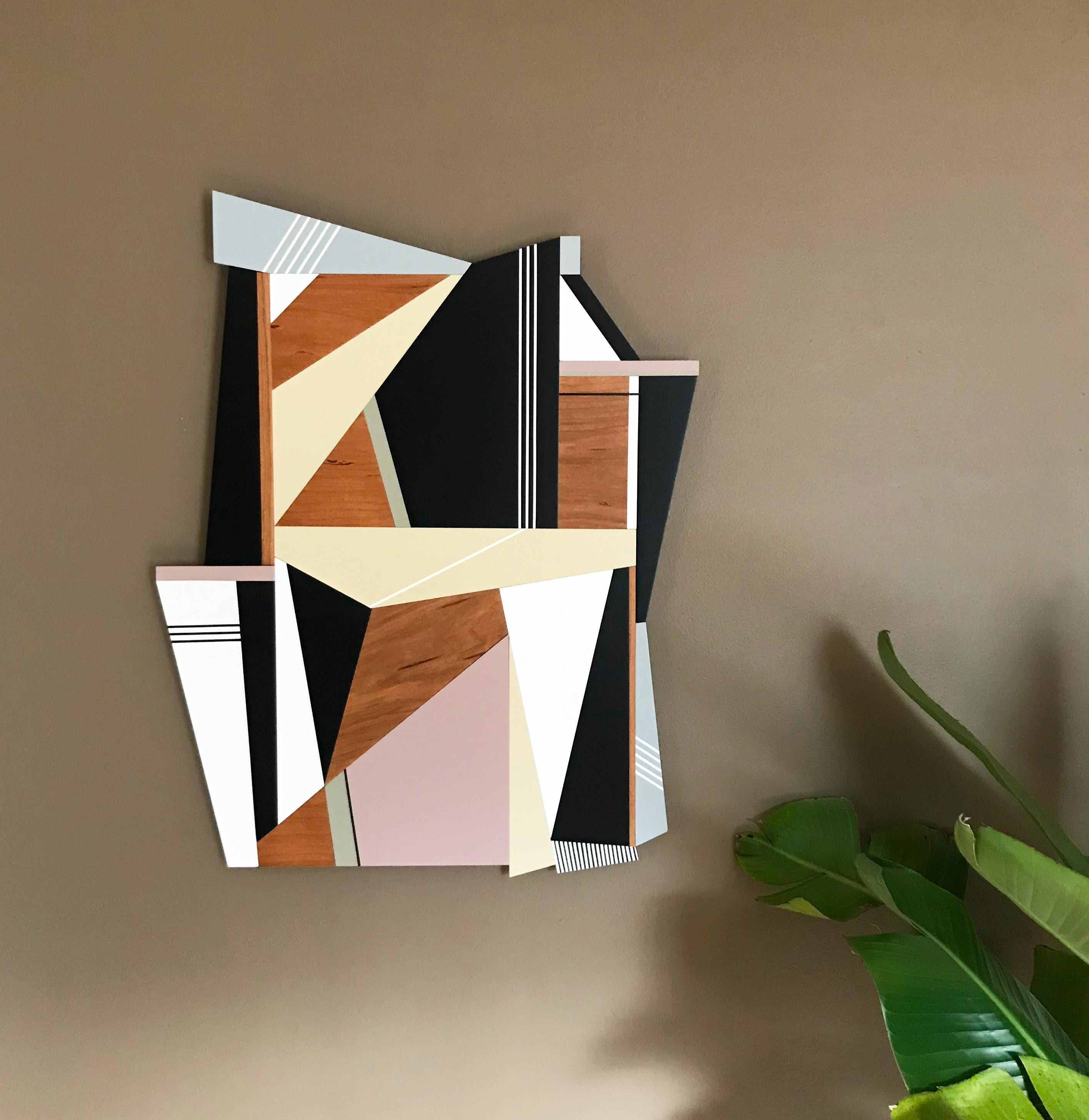 Mixed Media-Wandskulptur „Atlas“  (Holz, weiß, rosa, schwarz, mcm) – Sculpture von Scott Troxel