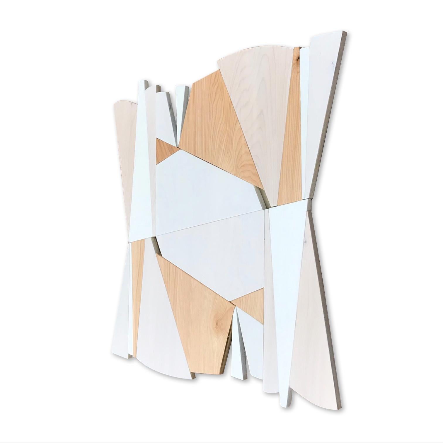  Banneret (wood wall art modern sculpture minimal geometric white cream art deco - Sculpture by Scott Troxel