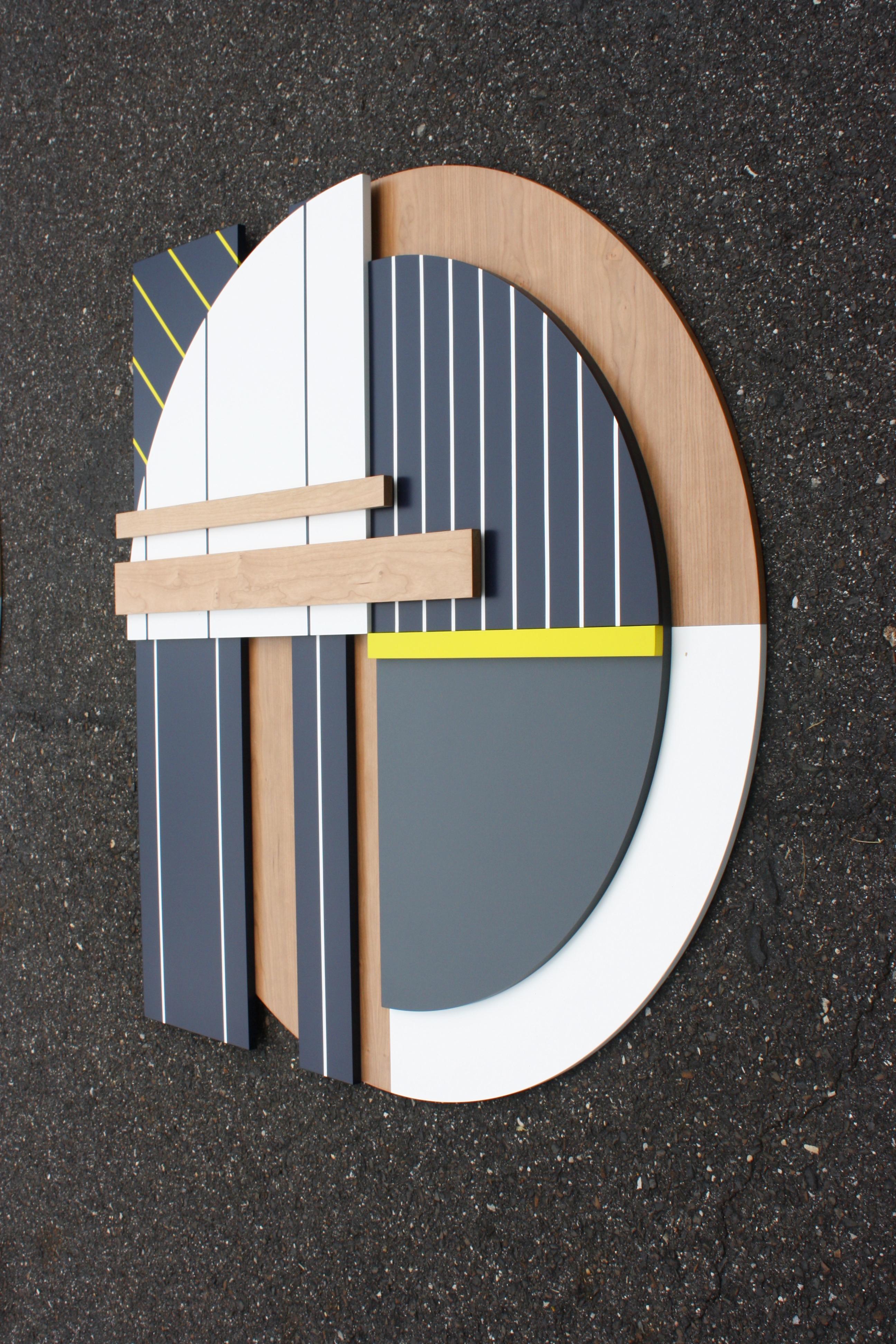 Bauhaus Navy is an elegant modern minimalist contemporary wall sculpture. It is constructed with birch panels, and high end pigmented lacquer with a satin finish. The piece relies on a minimalist color palette that is subtle and refined. Scott was