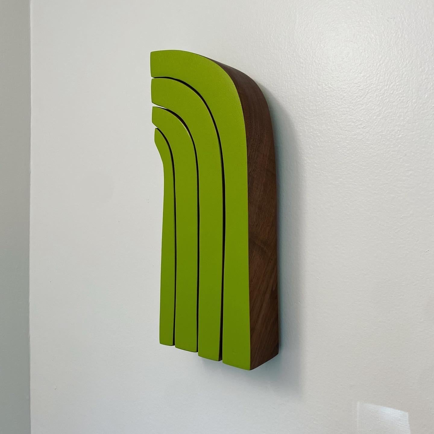 Scott Troxel Abstract Sculpture - "Bend" Wall Sculpture-wood, green, minimalism, mid century modern, brown, lime
