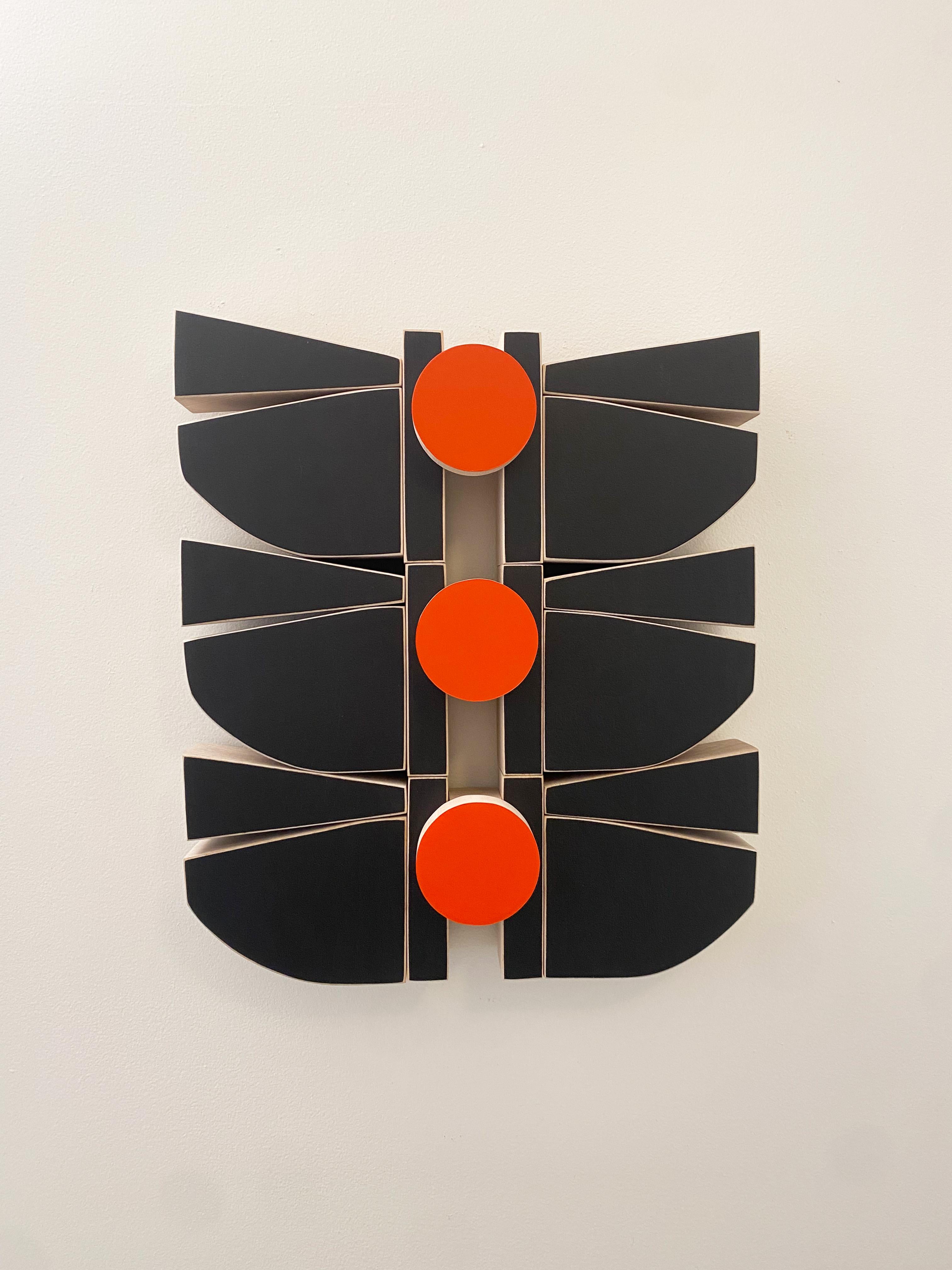 "BlackHawk" Wall Sculpture- mid century modern, mcm, wood , orange, red, black - Mixed Media Art by Scott Troxel