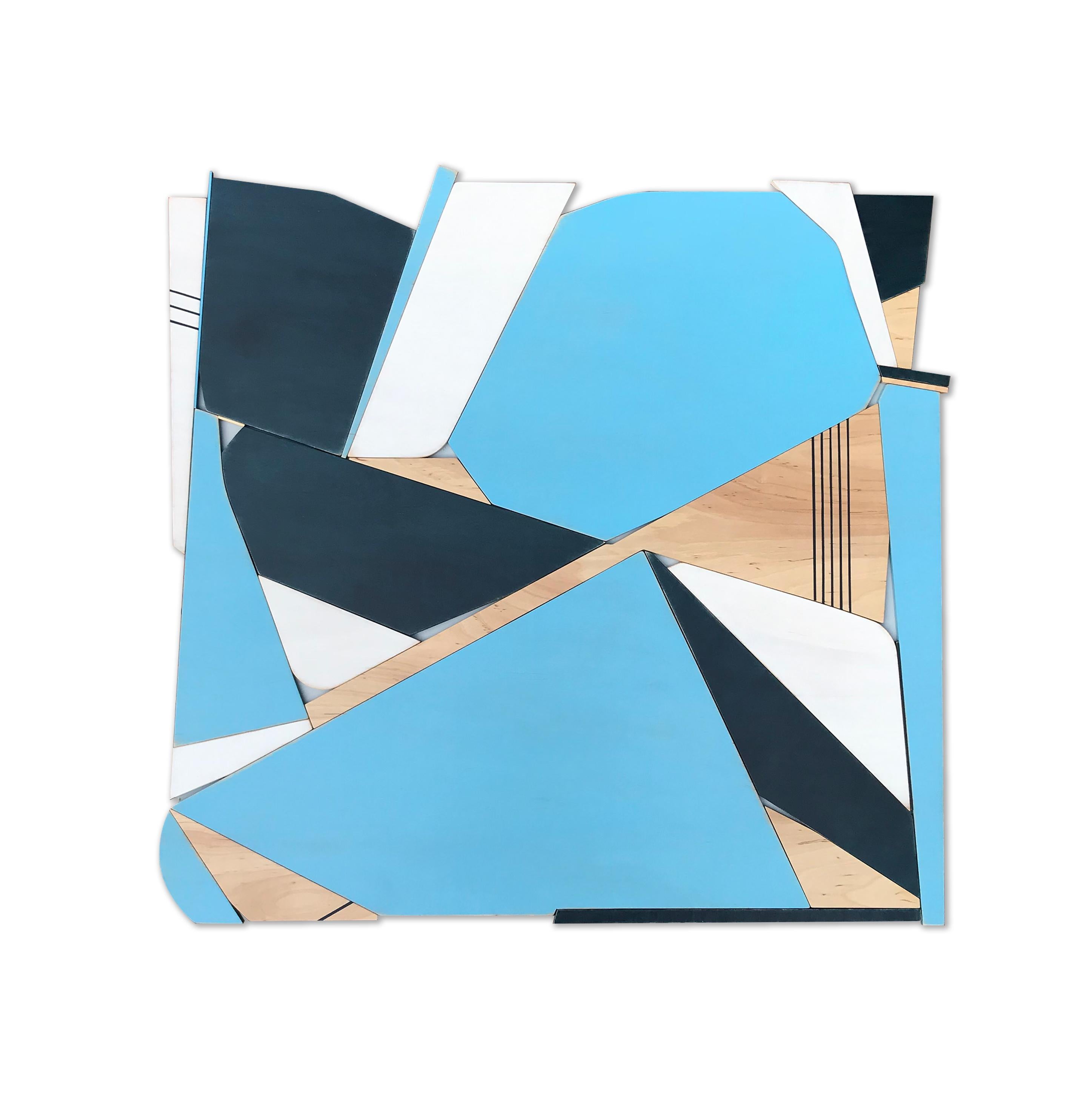 Scott Troxel Abstract Painting - Blue Bird (bermuda blue, navy, modern wall sculpture, abstract geometric art)