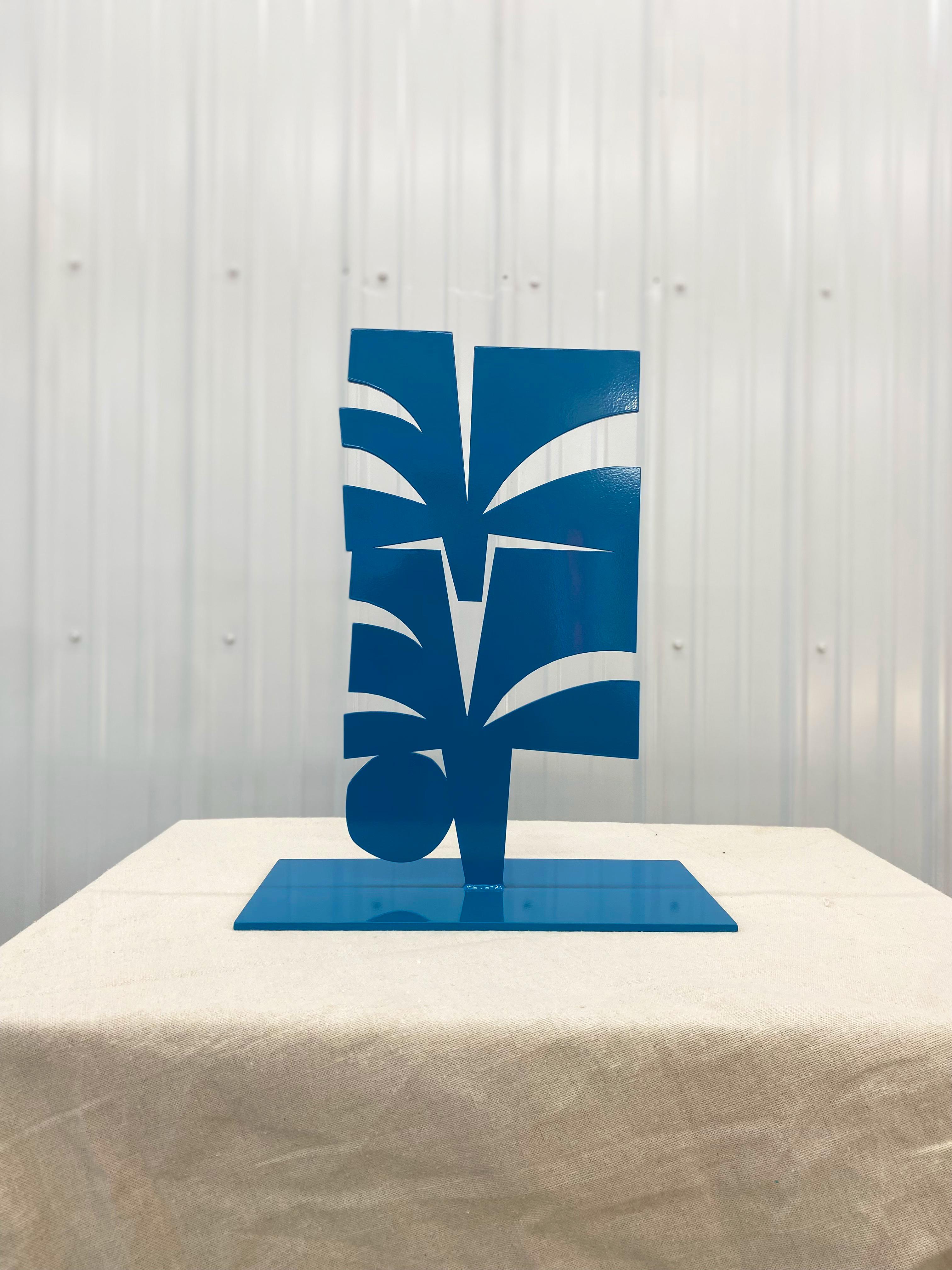 Scott Troxel Abstract Sculpture - "Blue Palms" Metal Sculpture- steel, mid century modern, blue, cyan, monochrome