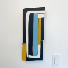 "Blue Zebra " Wall Sculpture- mid century modern, blue, white, yellow, navy, mcm